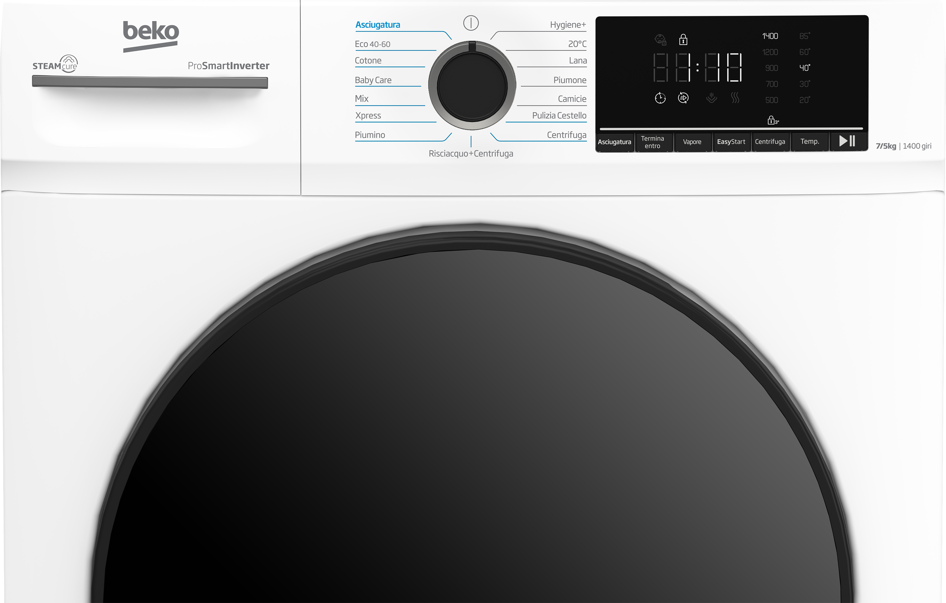 Lavatrice Beko bianca con porta nera. Pannello di controllo con impostazioni e display digitale.