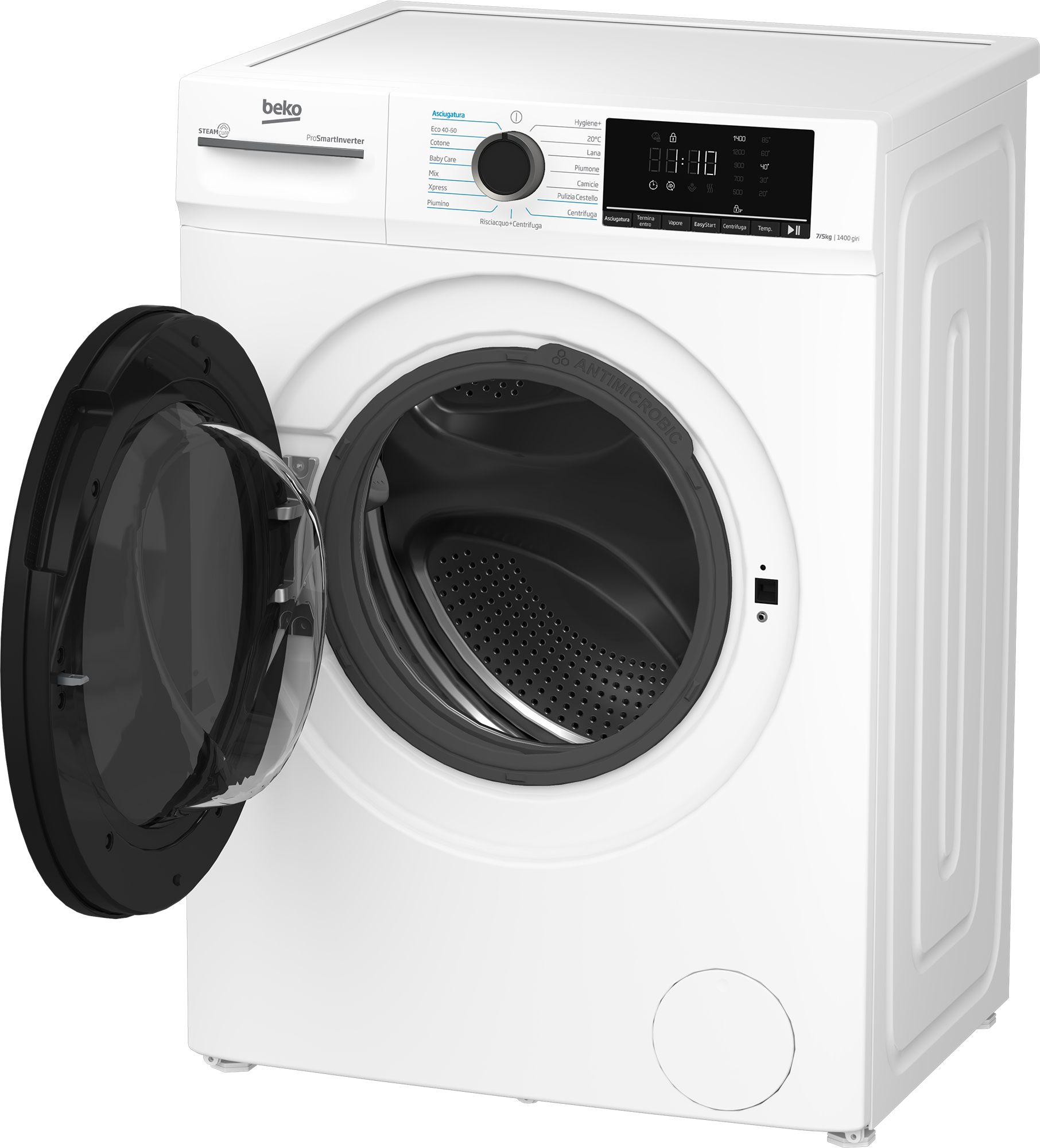 Una lavatrice Beko bianca con la porta aperta. Ha un display digitale e varie opzioni di programma.