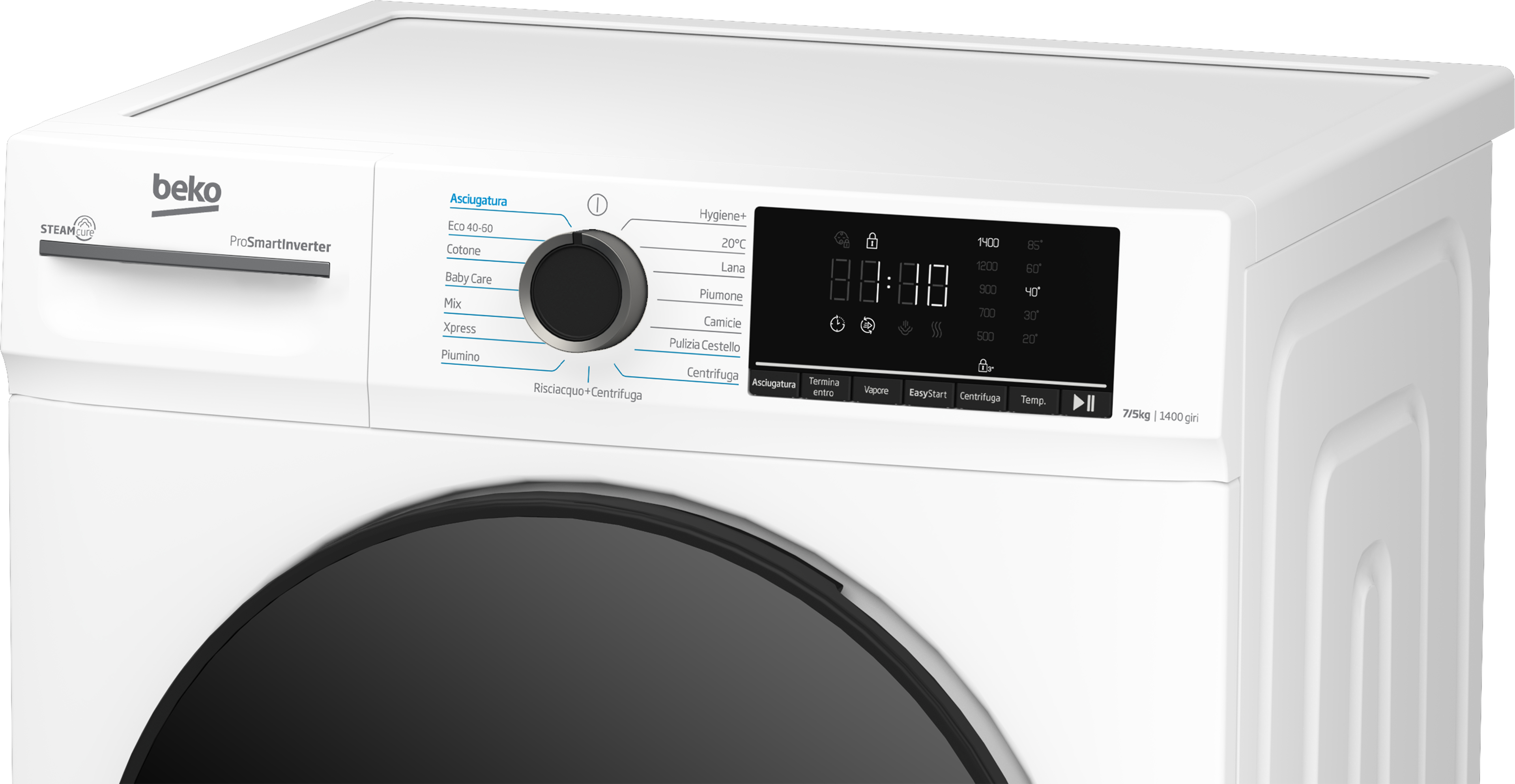 Una lavatrice Beko bianca con pannello di controllo e porta nera. Il display mostra impostazioni e opzioni.