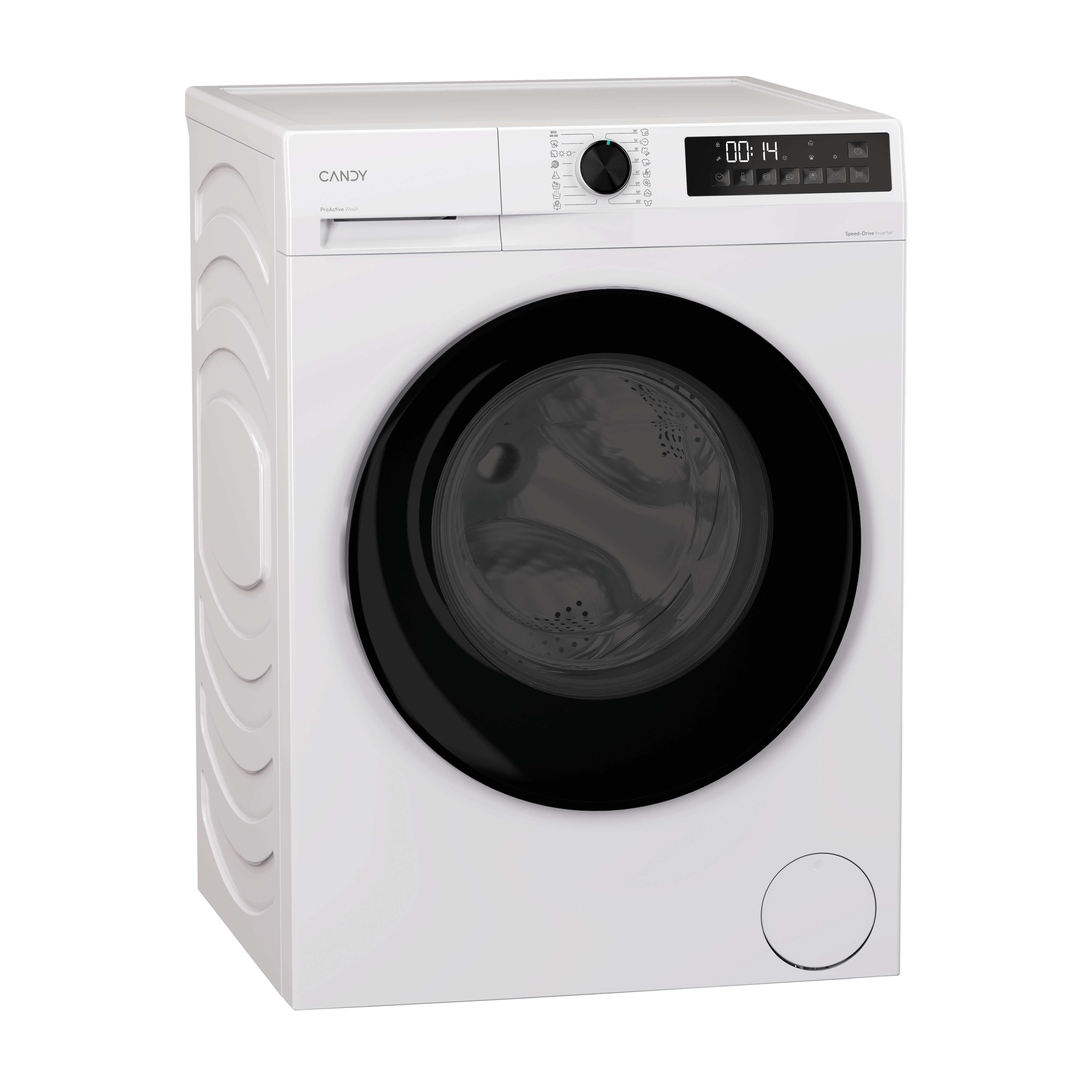 Una lavadora Candy blanca. Tiene una puerta negra, un panel de control, una pantalla digital y un botón redondo.