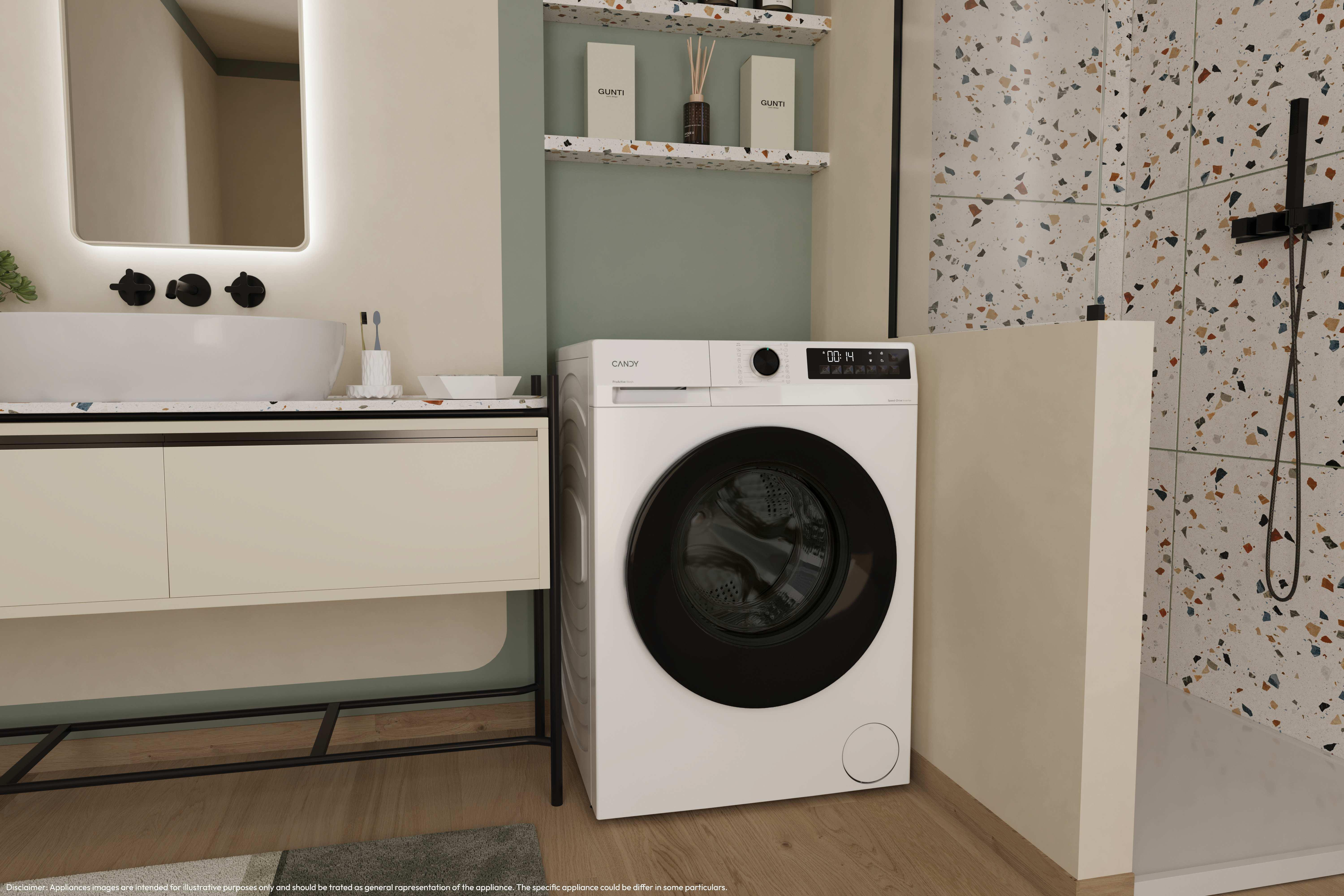 Un baño con lavadora blanca, lavabo y baldosas de terrazo. Un espejo cuelga sobre el lavabo.