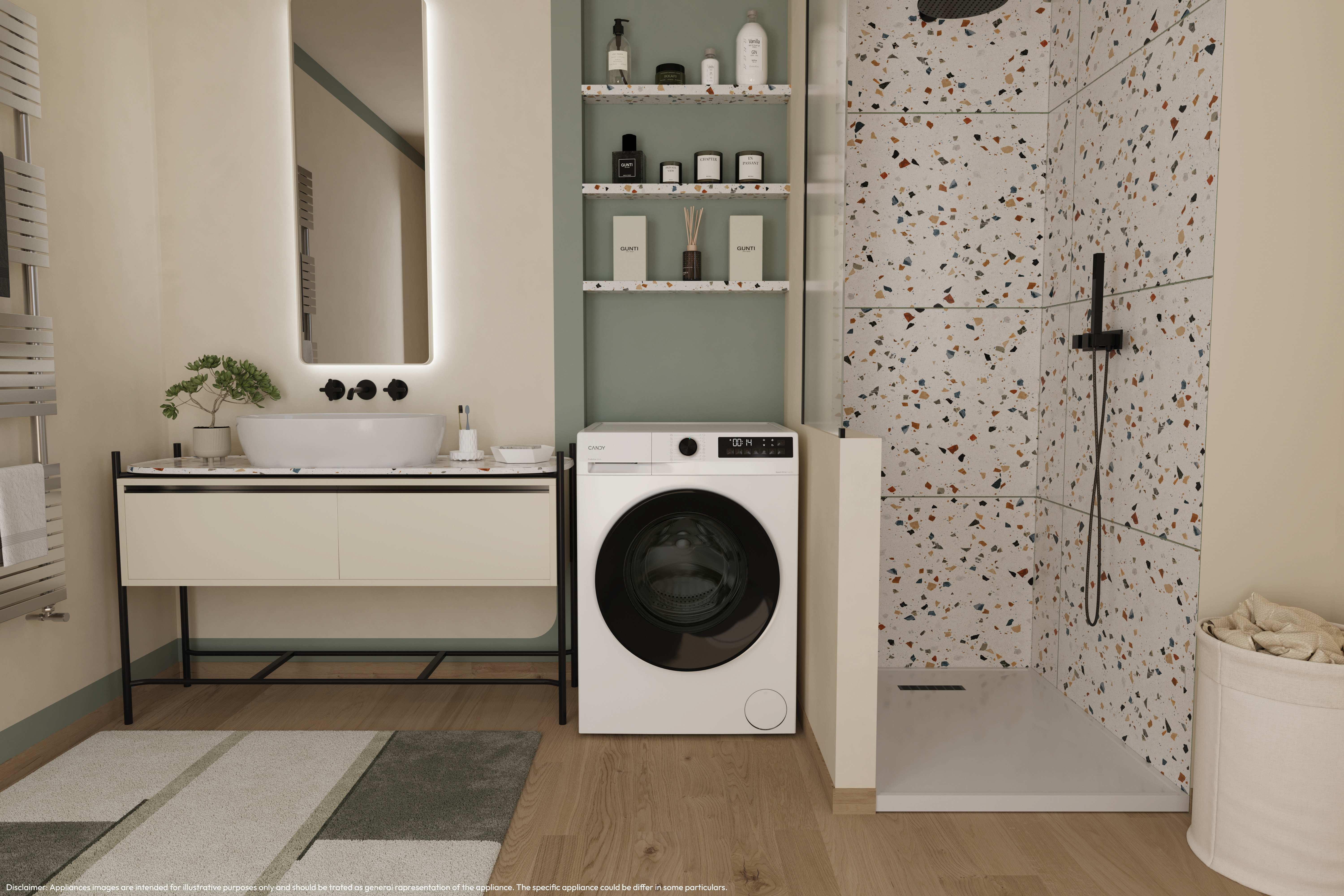 Baño con lavadora, ducha con baldosas estampadas y lavabo con espejo.