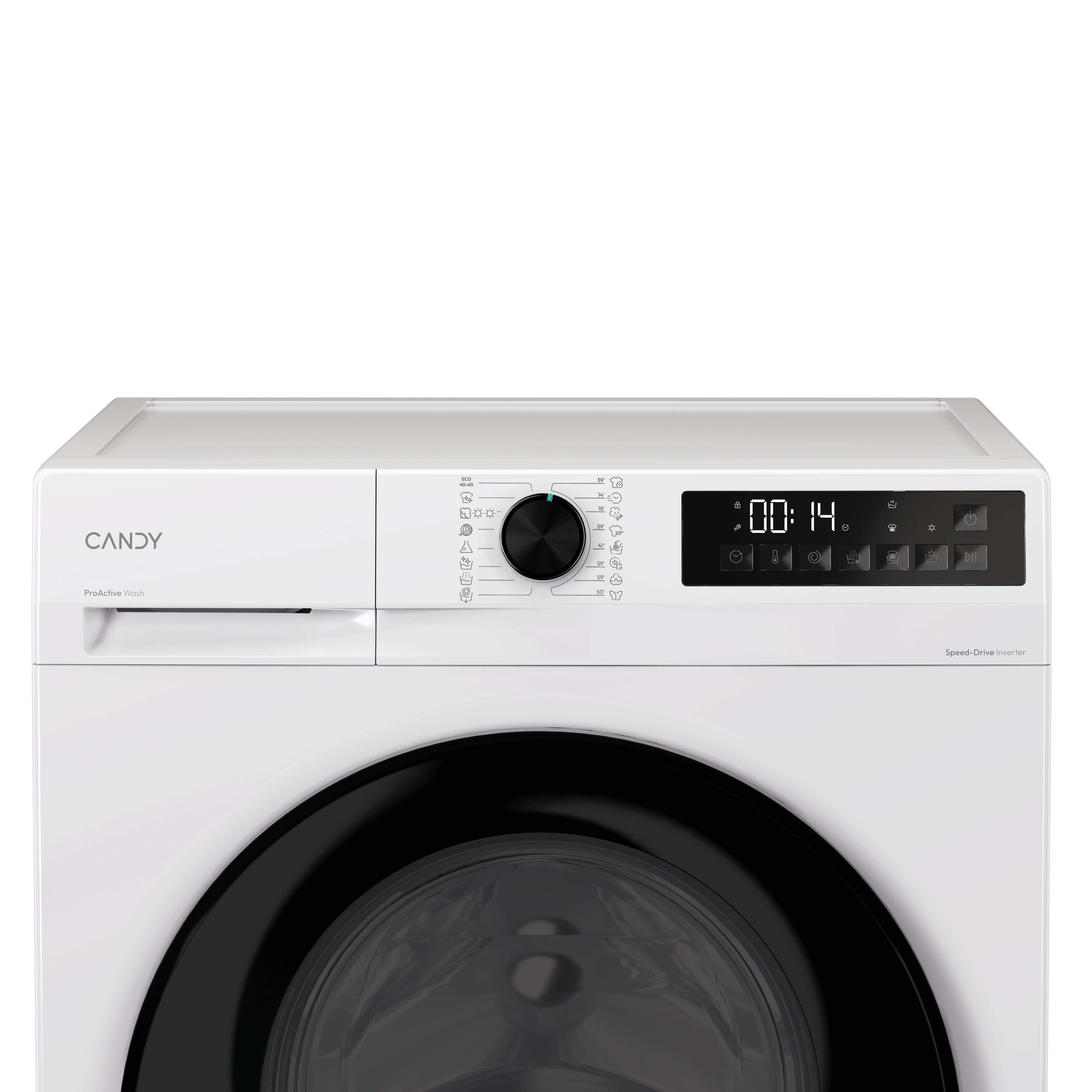 Lavadora Candy blanca. Tiene una puerta negra y un panel de control con una pantalla que muestra 00:14.