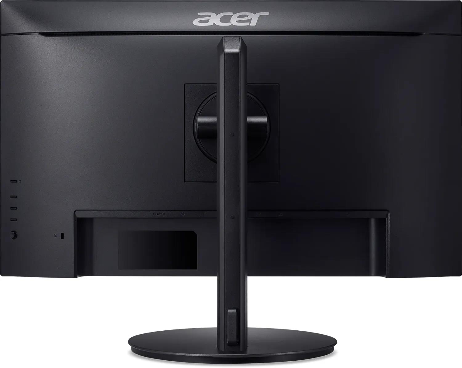 Vista posteriore di un monitor Acer nero. Un logo Acer argentato in alto. Il supporto e le porte sono visibili.