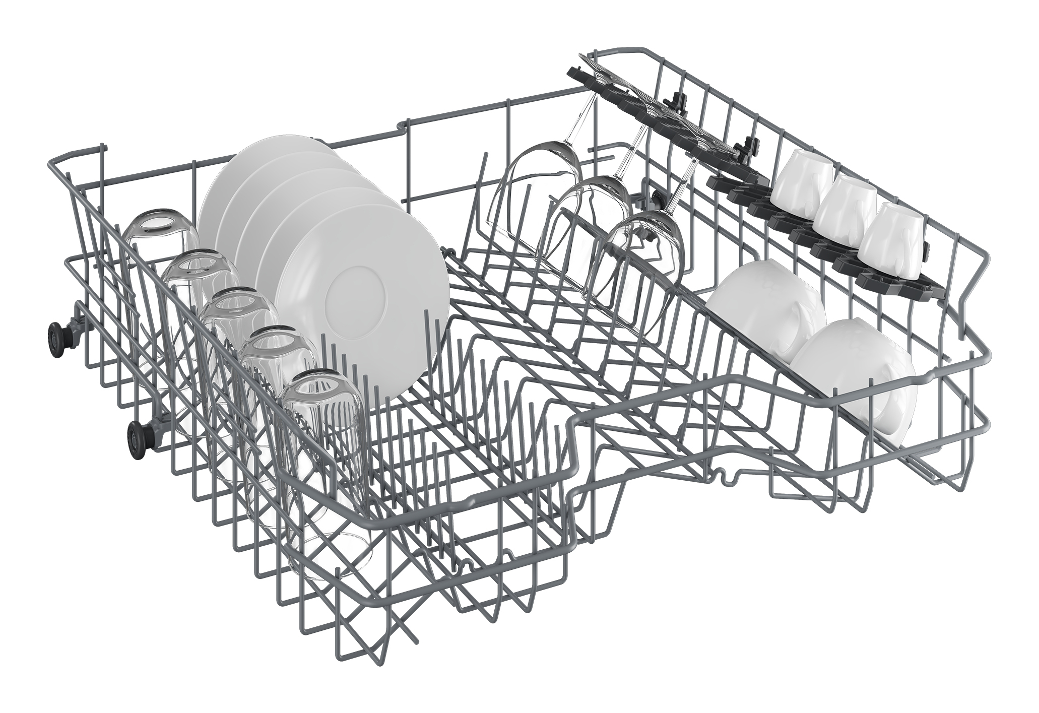 Stelaż zmywarki z talerzami, szklankami i filiżankami. Niektóre przedmioty są białe, a stelaż szary.