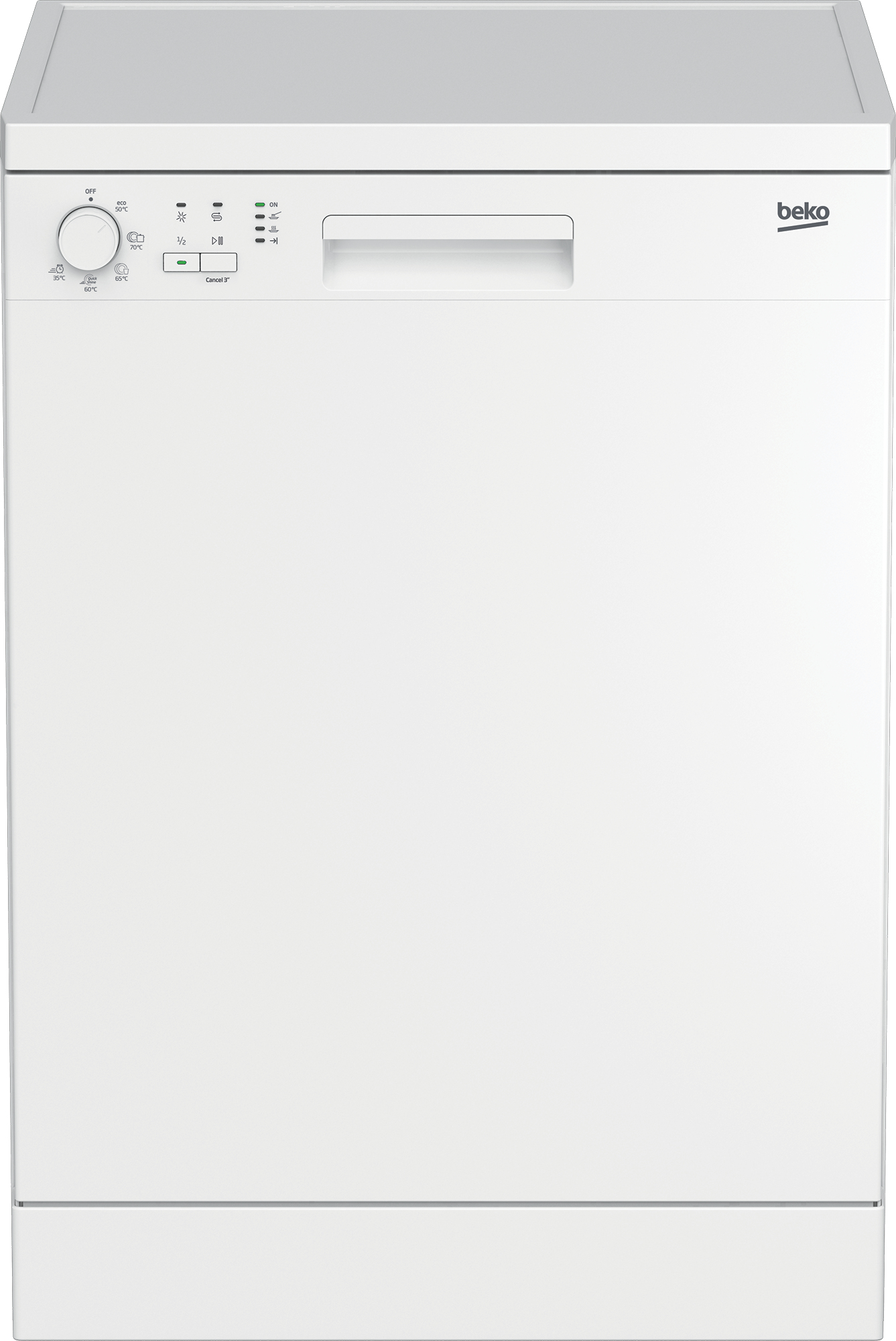 Lavastoviglie Beko bianca. Ha un pannello di controllo con pulsanti e una maniglia. Il logo del marchio è a destra.