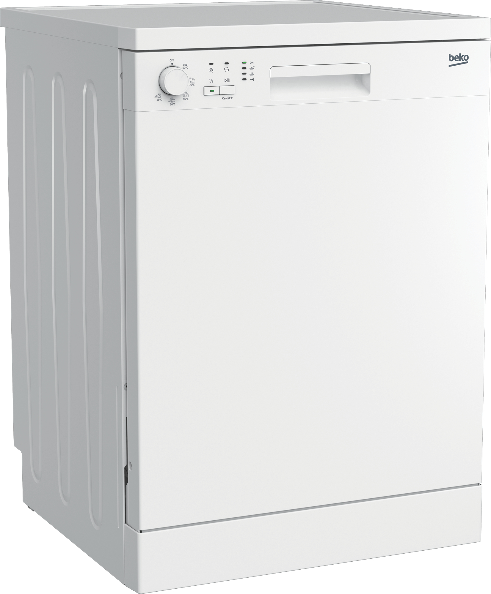 Lavastoviglie Beko bianca, vista frontale. Ha un pannello di controllo, una maniglia e il logo Beko. La porta è chiusa.