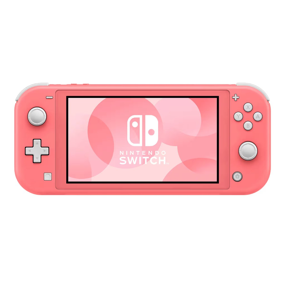 Konsola Nintendo Switch Lite w kolorze koralowym. Ekran wyświetla logo Nintendo Switch. Widoczne są przyciski i elementy sterujące.