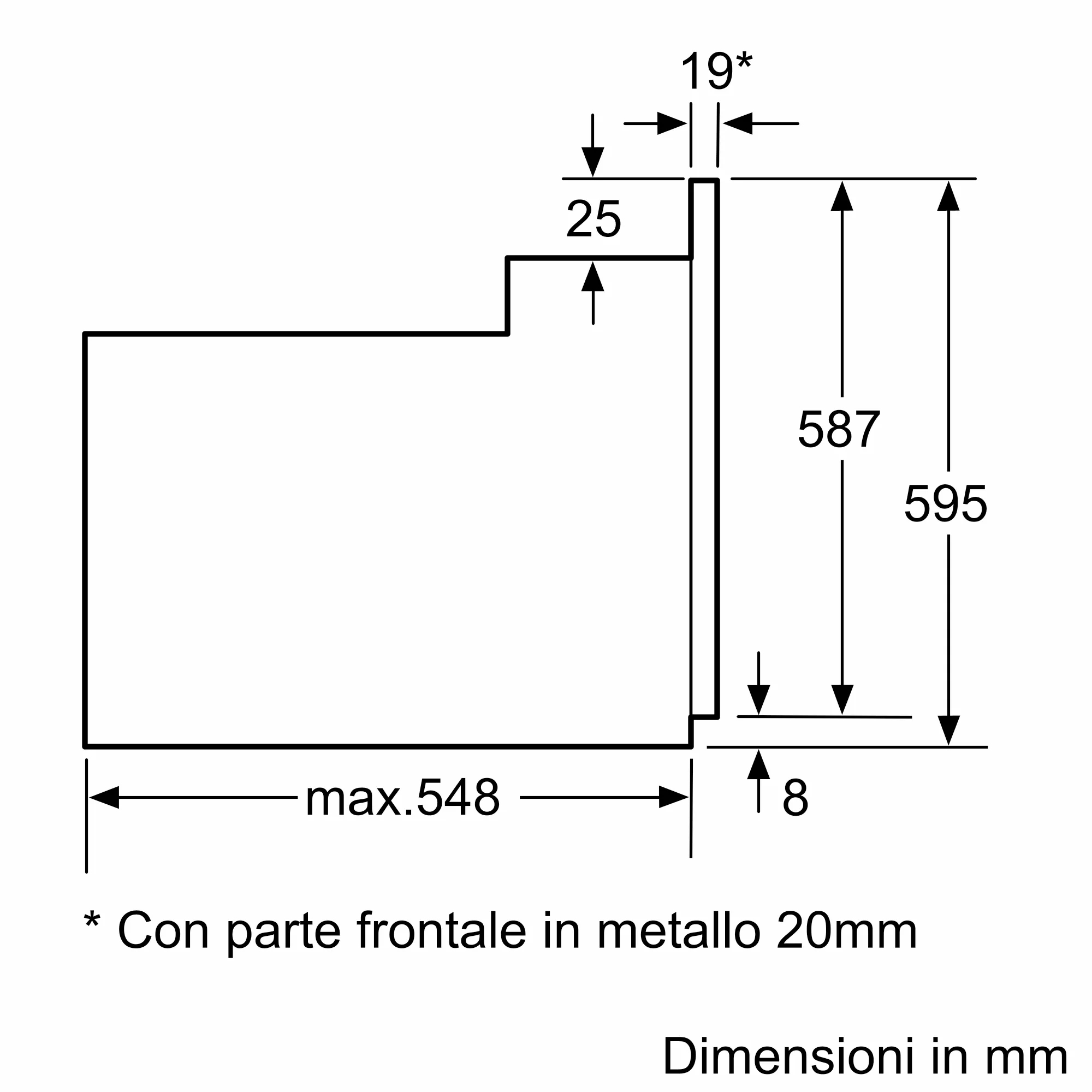 Diagram przedstawiający wymiary w mm. Zawiera wymiary takie jak 587, 595, max.548, 19, 25 i 8, z notatką z gwiazdką.