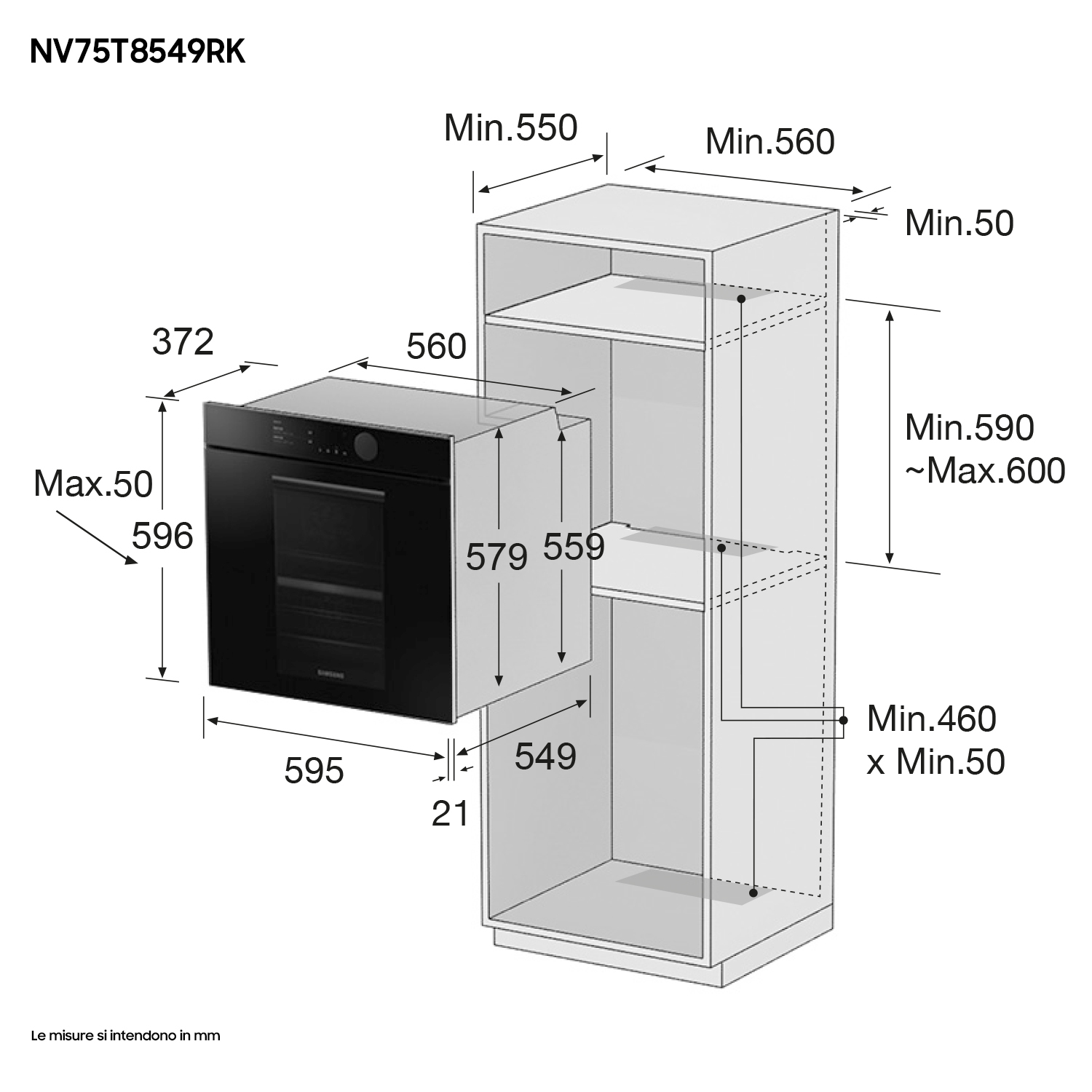 Diagramma che mostra le dimensioni di un forno Samsung nero all'interno di una struttura a mobile, etichettato con misure in millimetri.