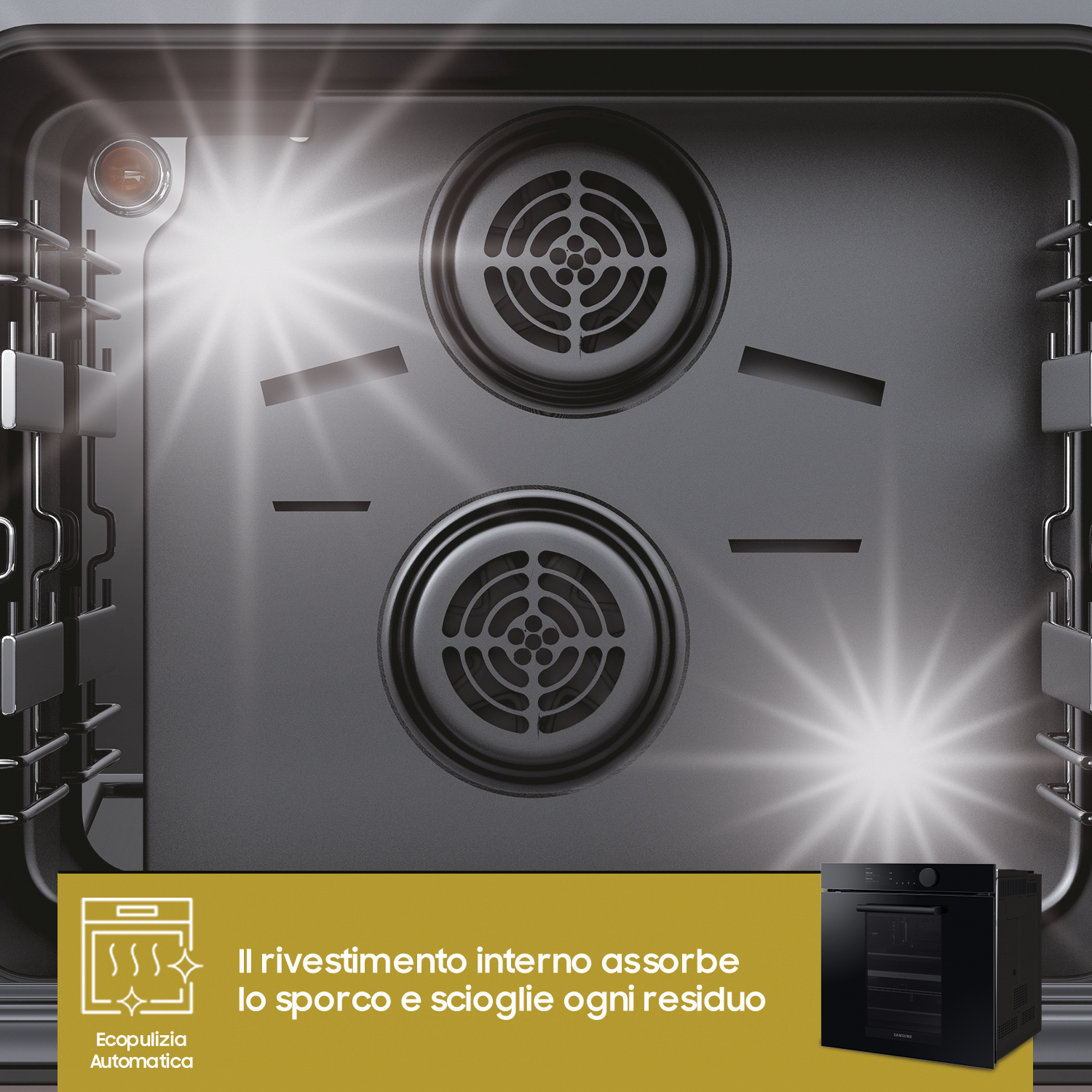Vista interna di un forno nero con due ventole. Il testo dice: 'Il rivestimento interno assorbe lo sporco e scioglie ogni residuo'.