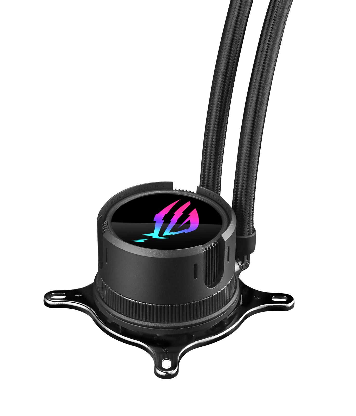 Schwarzer CPU-Kühler mit zwei Schläuchen. Er hat ein Logo mit einem bunten Design. Der Hintergrund ist weiß.
