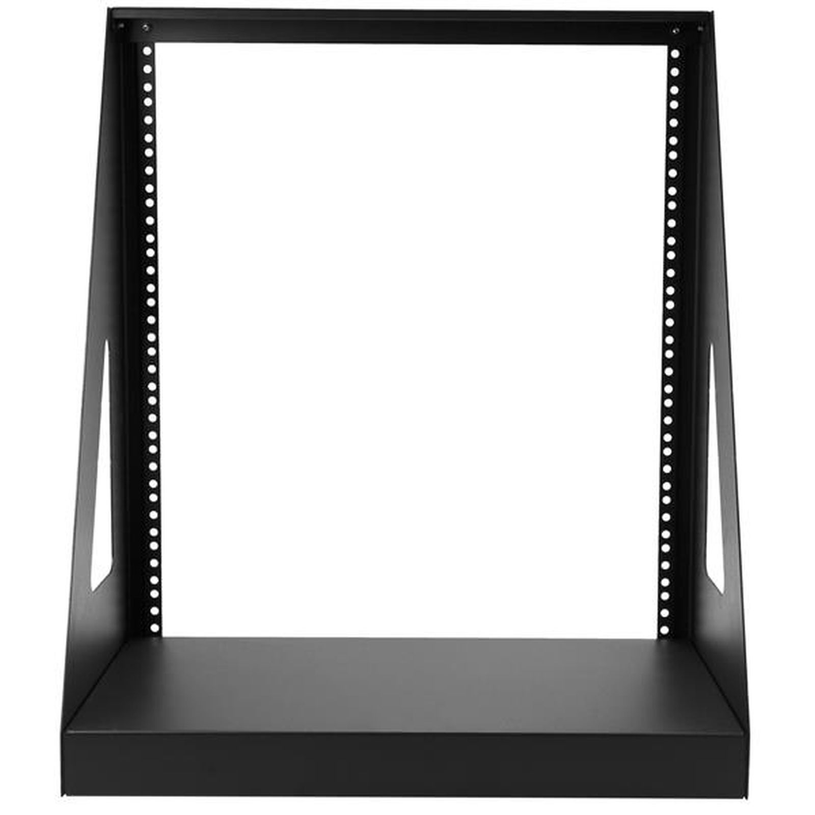 Un bastidor de servidor negro. Tiene una base, lados con agujeros y un marco superior. El fondo es blanco.