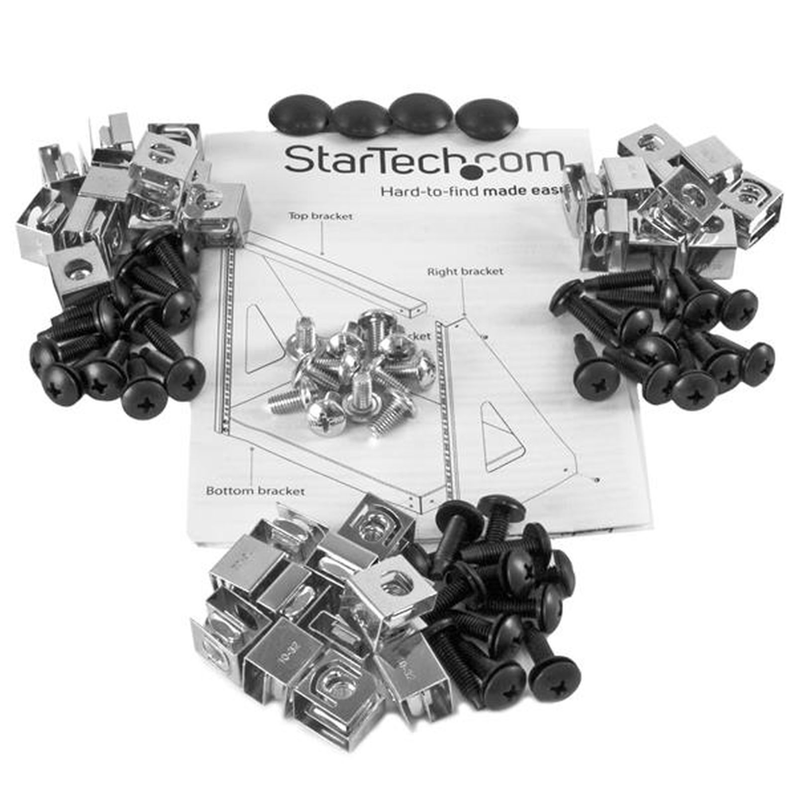 La imagen muestra componentes de hardware, incluidos soportes, tornillos y un diagrama. Los componentes son plateados y negros, dispuestos sobre una superficie blanca.