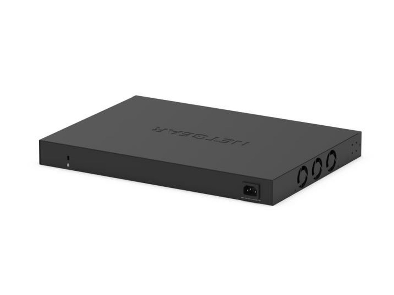Ein schwarzer Netgear-Netzwerk-Switch auf weißem Hintergrund. Er hat den Markennamen oben und einen Stromeingang hinten.