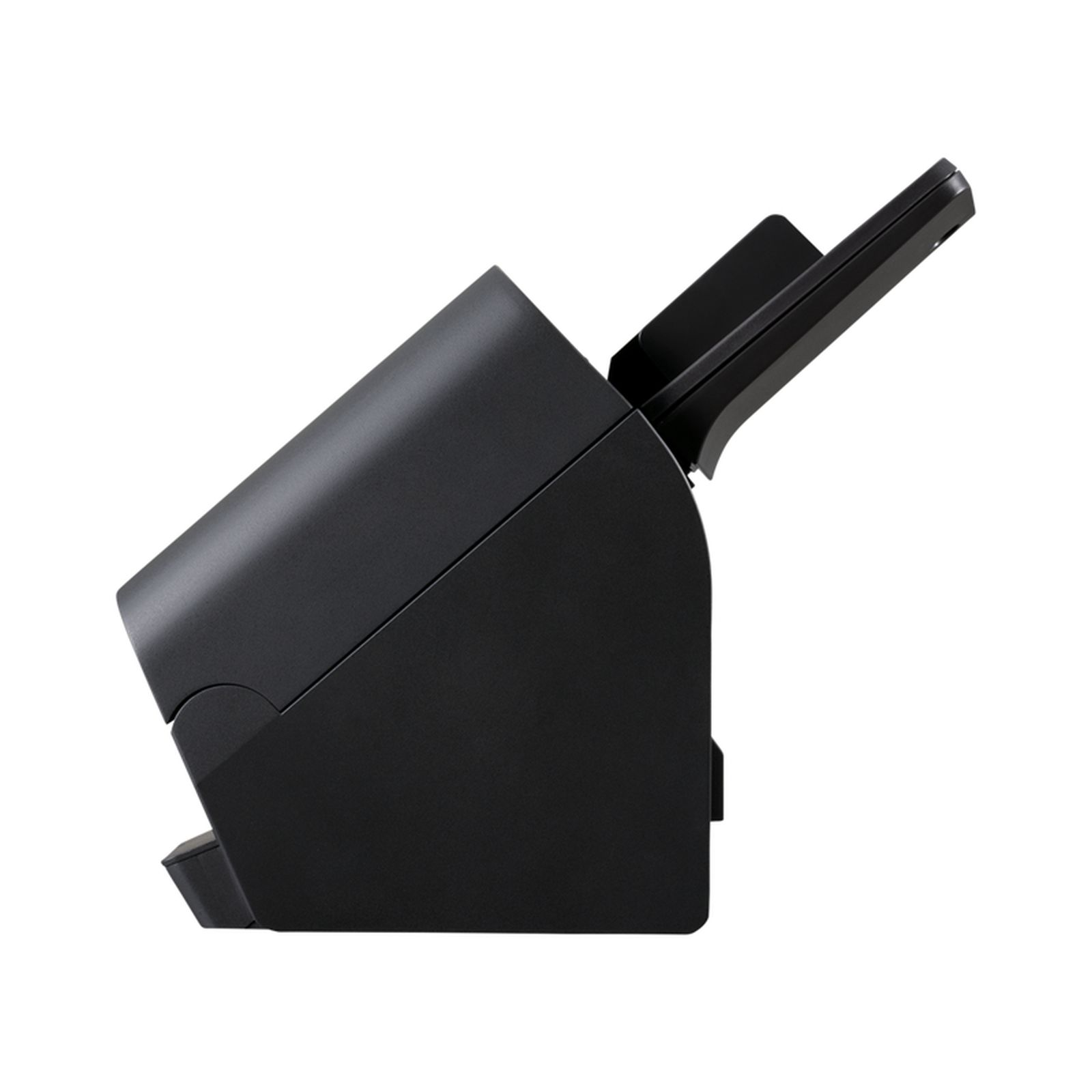 Czarny skaner, przechylony w prawo, na białym tle. Otwarty podajnik dokumentów na górze.