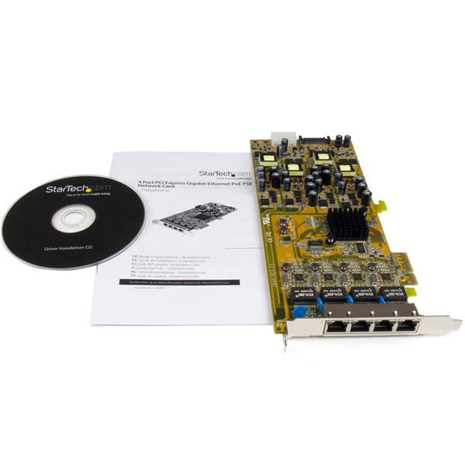 Das Bild zeigt eine Netzwerkkarte, eine CD und ein Dokument. Alle Artikel haben das StarTech.com-Logo und liegen auf weißem Untergrund.