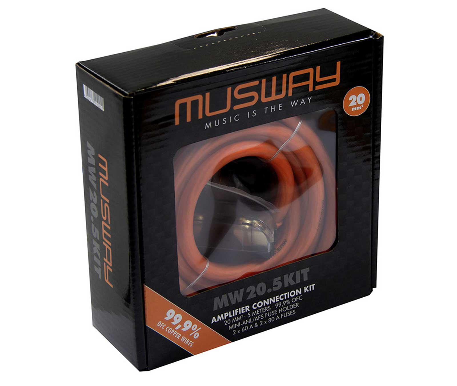 Schwarze Musway-Box mit orangefarbenem Draht durch ein Fenster. Text enthält 'MW 20.5 KIT' und '99,9% OFC Copper'.