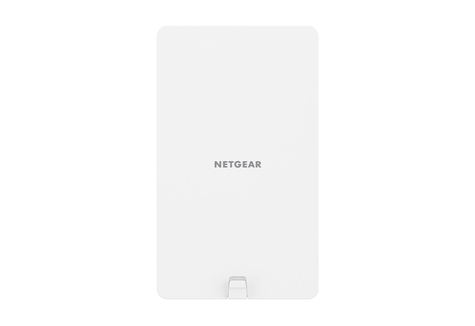 Białe urządzenie NETGEAR na białym tle. Jest prostokątne, zaokrąglone rogi i mała podstawka na dole.