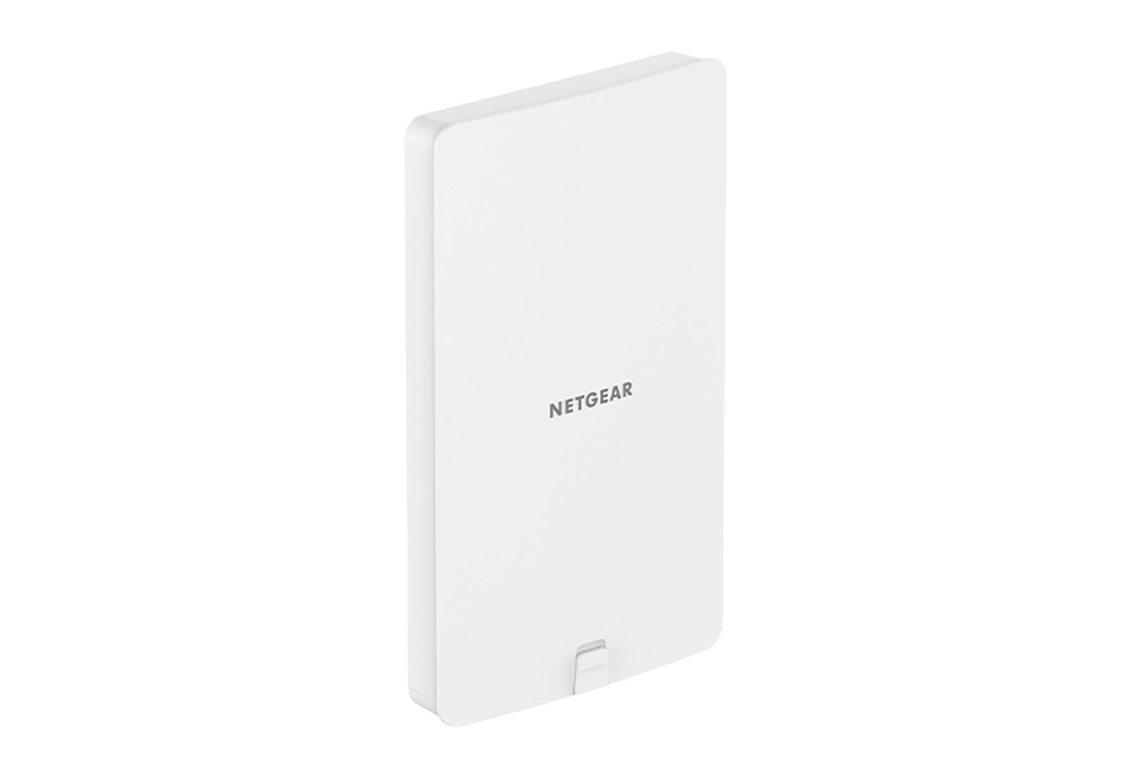 Białe urządzenie Netgear, prostokątne z zaokrąglonymi rogami. Widoczne logo Netgear. Mała zakładka na dole.