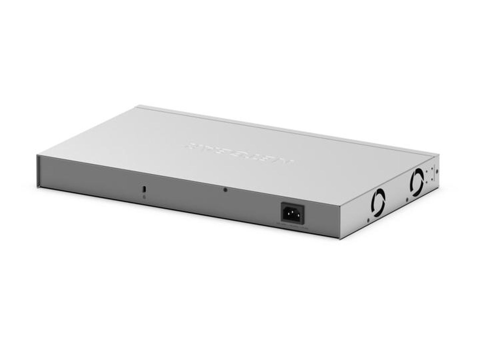 Srebrny przełącznik sieciowy na białym tle. Posiada wejście zasilania, otwory wentylacyjne i logo.