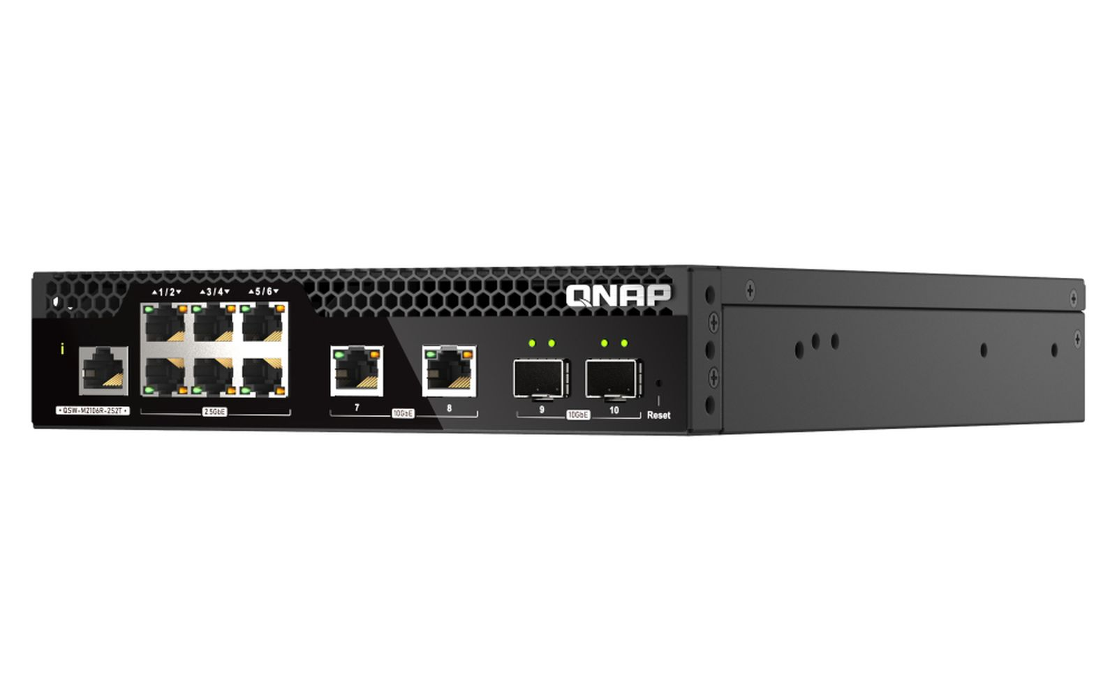 Uno switch di rete QNAP nero con più porte etichettate, tra cui 10GbE e 2.5GbE. Sono visibili i pulsanti di accensione e ripristino.