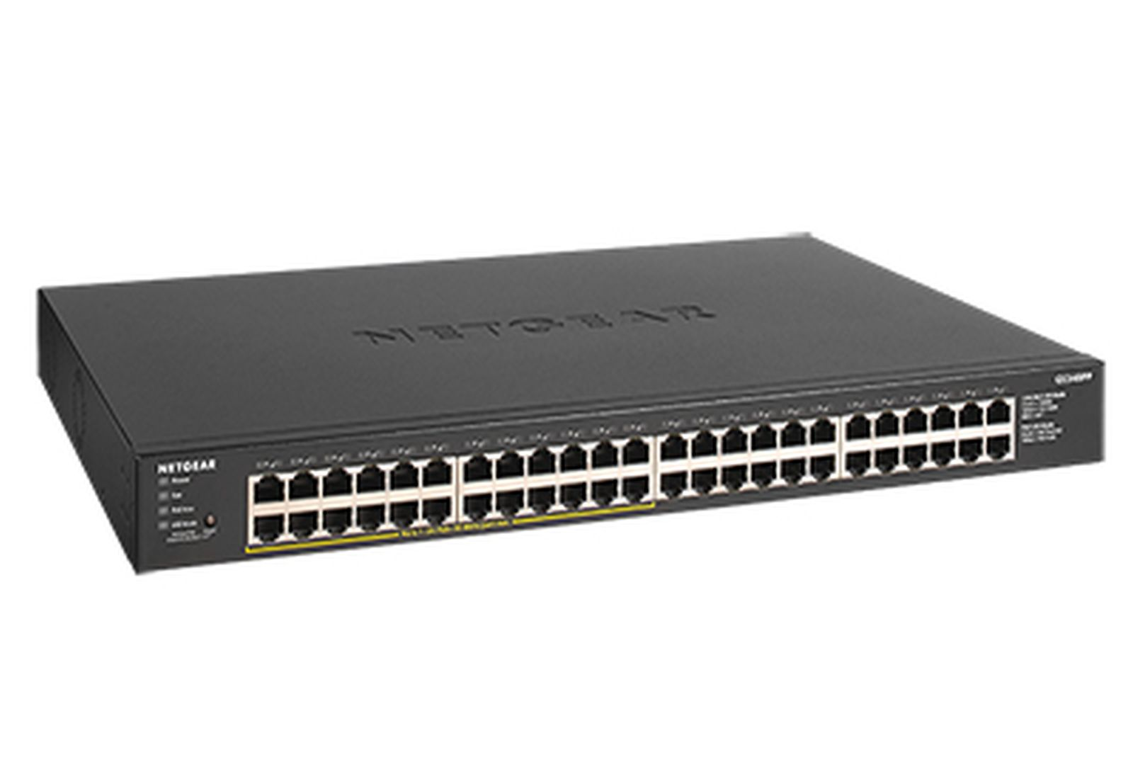 Een zwarte Netgear netwerkswitch met meerdere poorten. Het apparaat is rechthoekig, met poorten aan de voorkant en labels aan de zijkant.