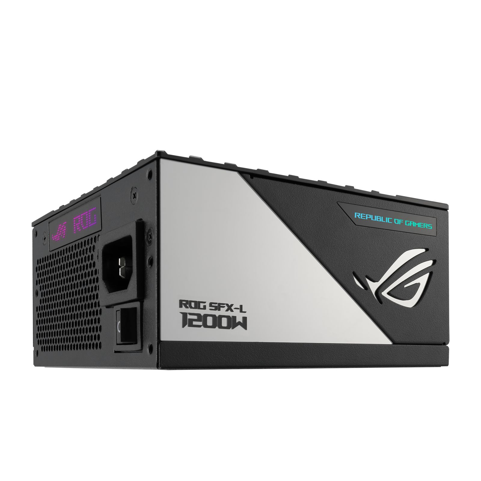 Czarny i srebrny zasilacz ROG SFX-L 1200W. Posiada port zasilania i logo Republic of Gamers.