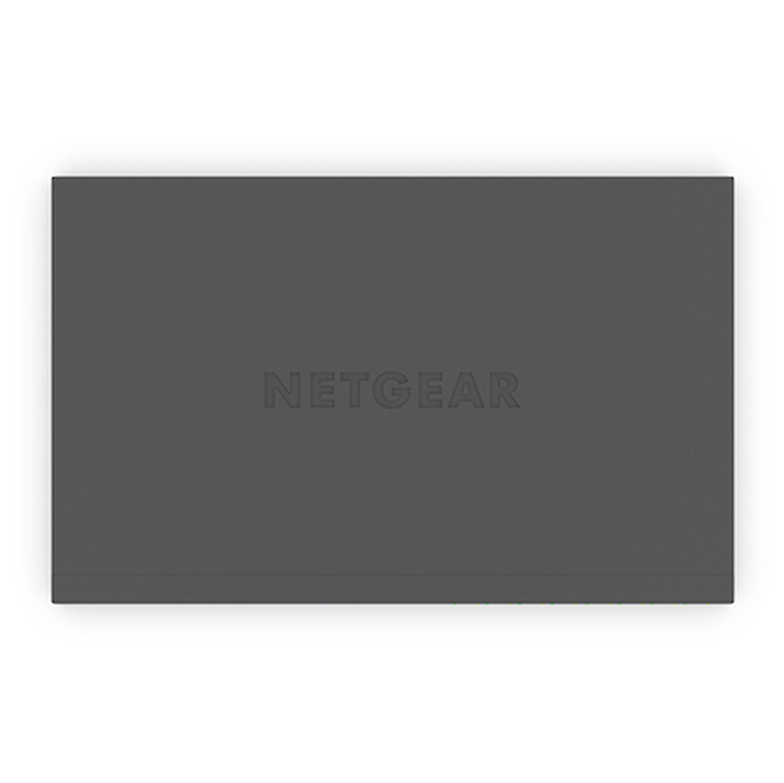Szare urządzenie Netgear. Słowo NETGEAR jest wytłoczone na górnej powierzchni. Białe tło.