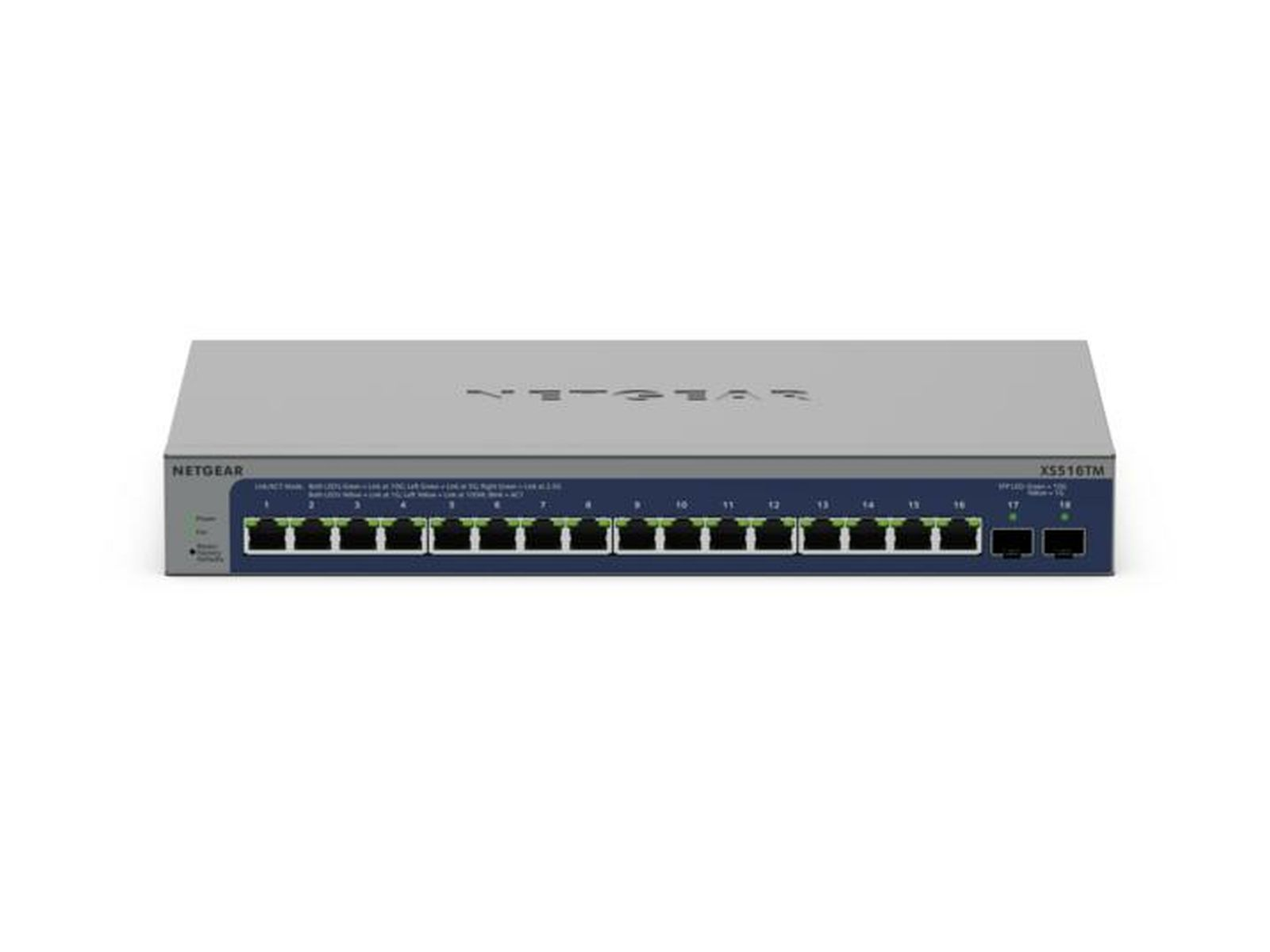 Ein grauer Netgear XS510TM-Switch mit mehreren Anschlüssen. Die Frontplatte hat nummerierte Anschlüsse. Oben befindet sich das Netgear-Logo.