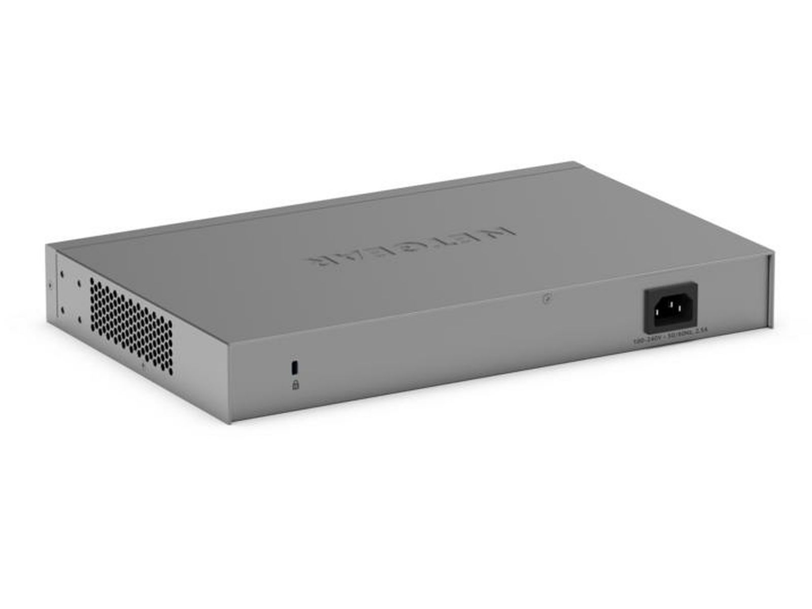 Ein graues Netgear-Switch-Gerät. Es hat einen Stromanschluss und Belüftungslöcher. Das Netgear-Logo ist oben sichtbar.