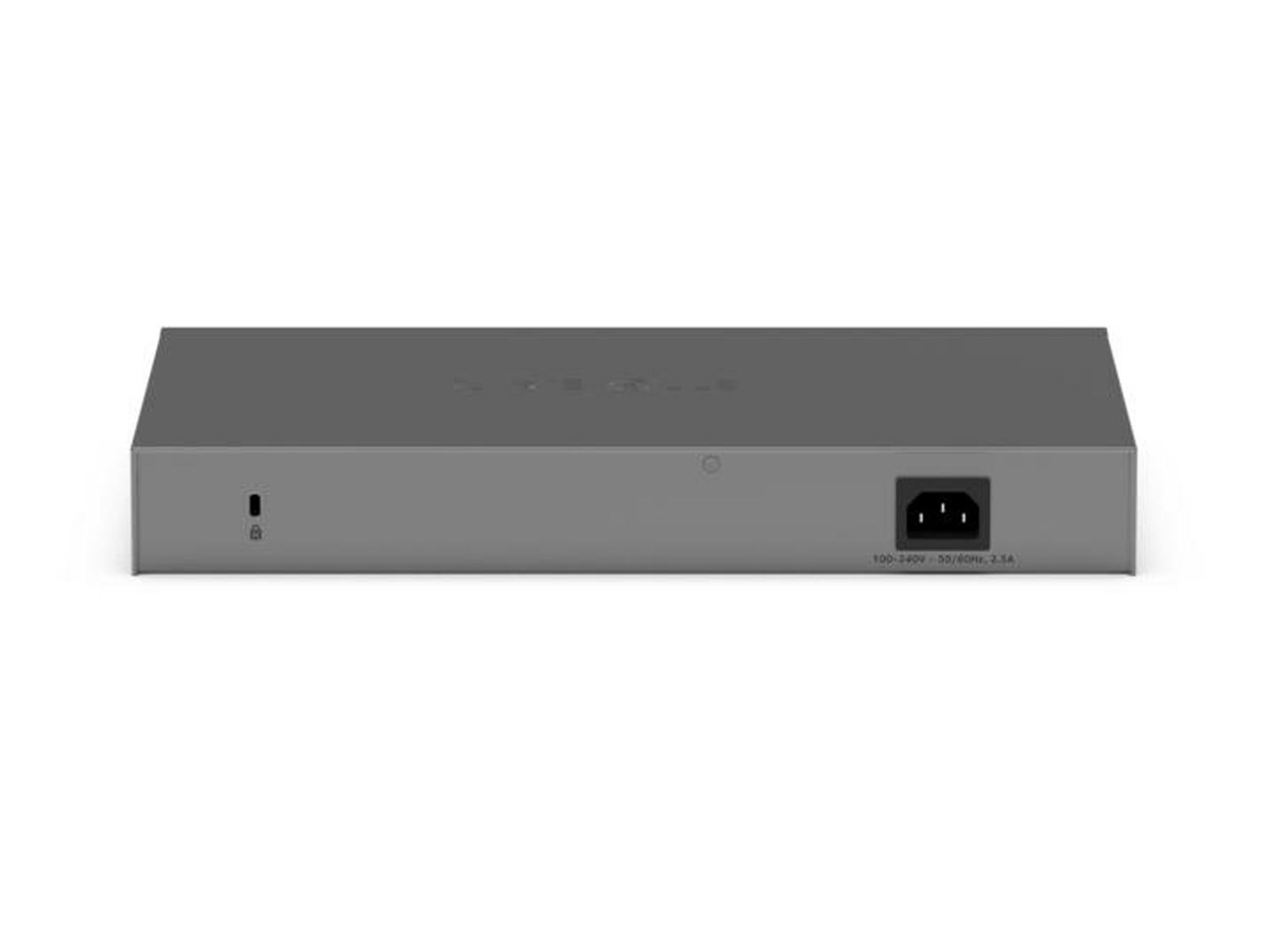 Ein grauer Netzwerk-Switch mit Stromanschluss und Schloss-Symbol auf weißem Hintergrund.