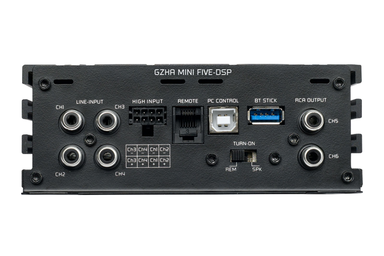 Ein schwarzes GZHA MINI FIVE-DSP-Gerät mit verschiedenen Ein-/Ausgangsanschlüssen, einschließlich Line-Eingang, USB und RCA-Ausgang.