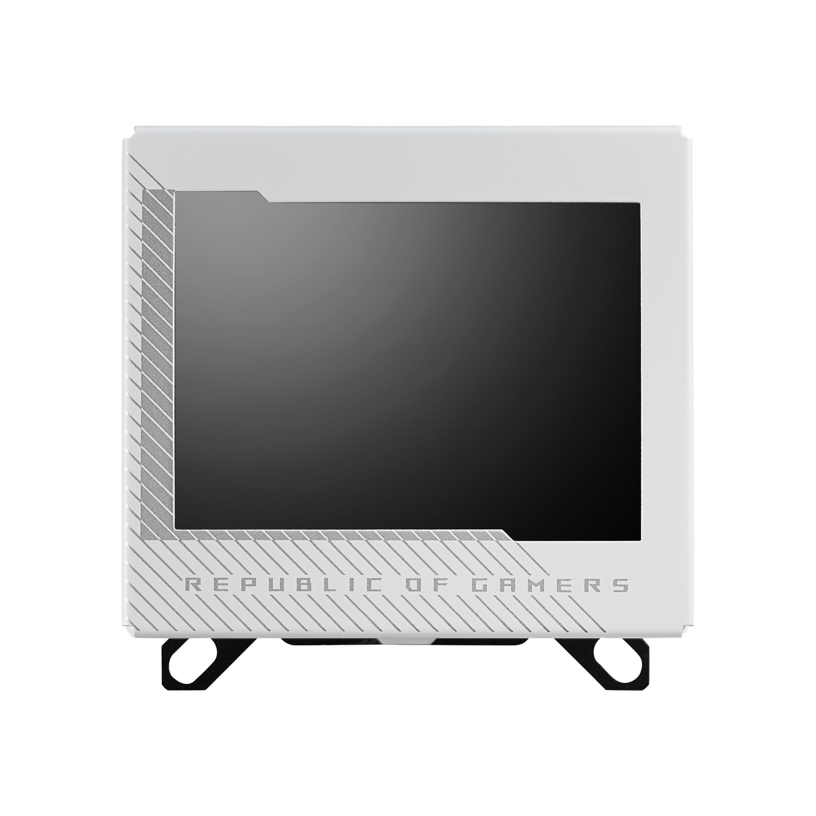 Un case per computer bianco con schermo scuro. Scritto in basso 'REPUBLIC OF GAMERS'.