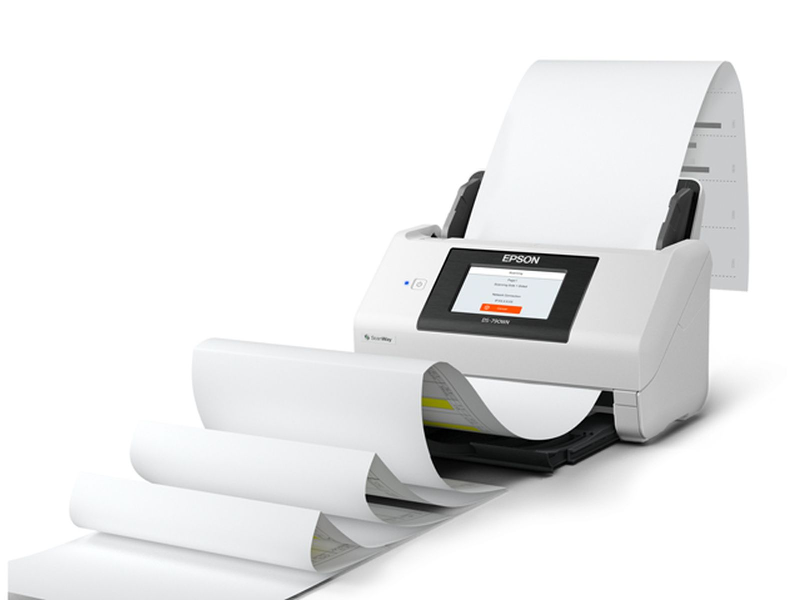 Een witte Epson scanner drukt documenten af. Papier rolt van boven en beneden uit. De scanner heeft een scherm en het Epson logo.