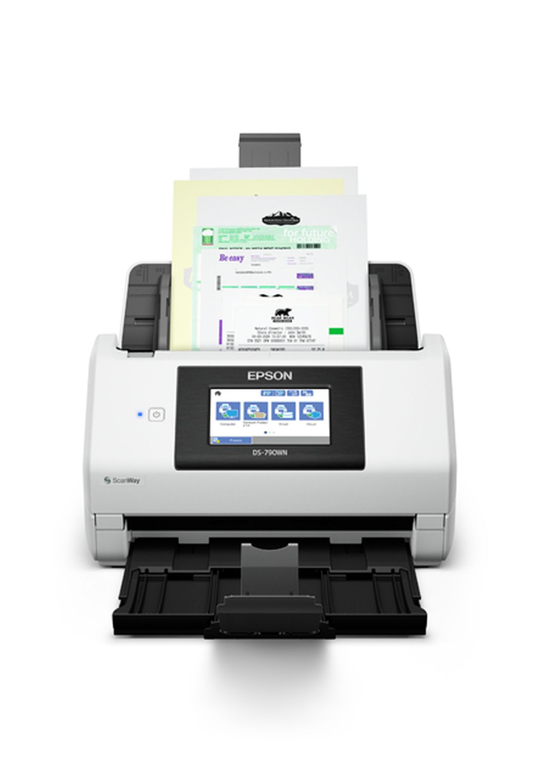 Een Epson DS-790WN scanner met documenten erin. De scanner is wit, met een zwart scherm en documentlade. Papieren zijn ingevoegd.