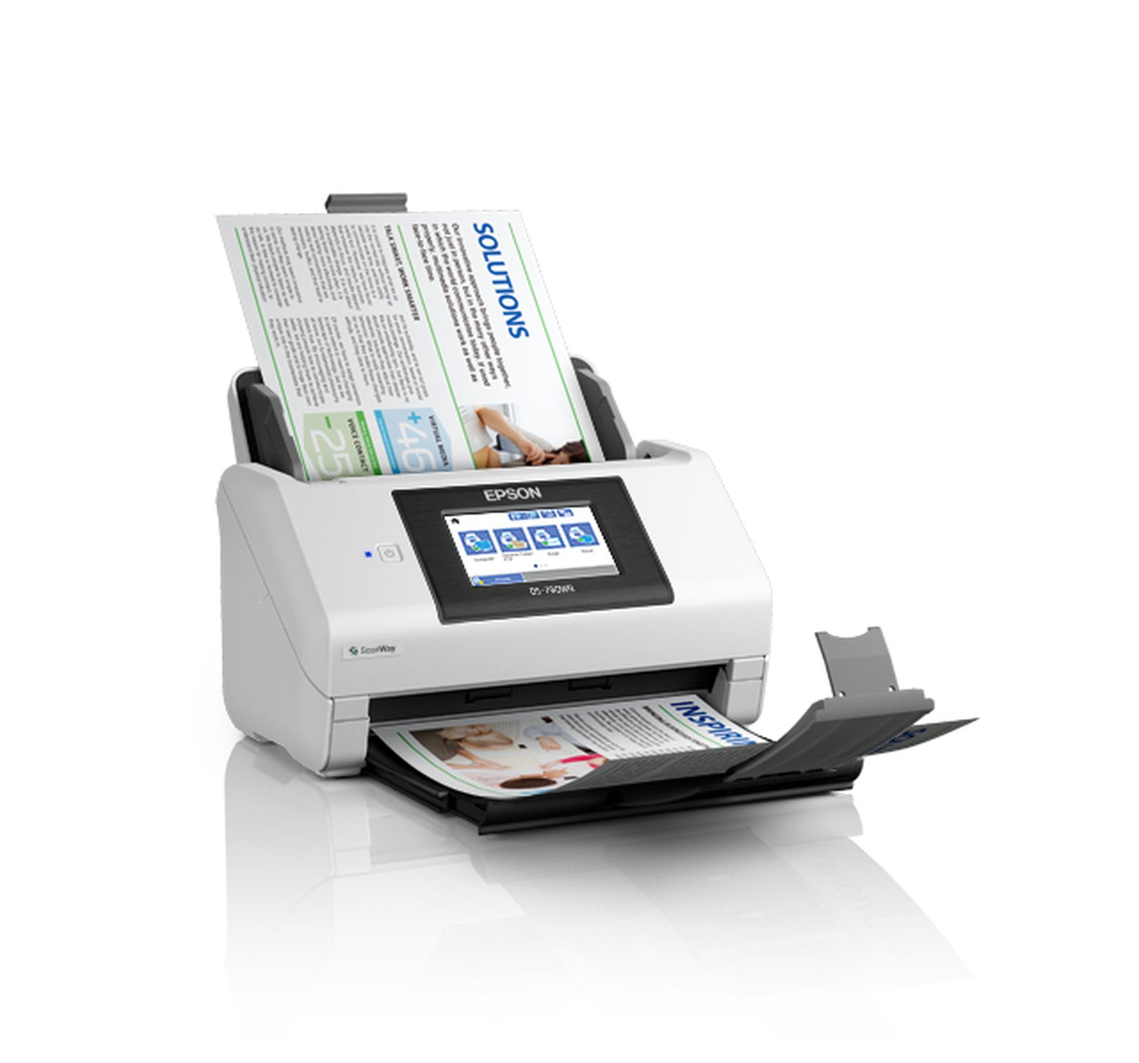 Een witte Epson-scanner met een gescand document. Het document zegt 'SOLUTIONS' en 'INSPIR'. De scanner heeft een scherm.