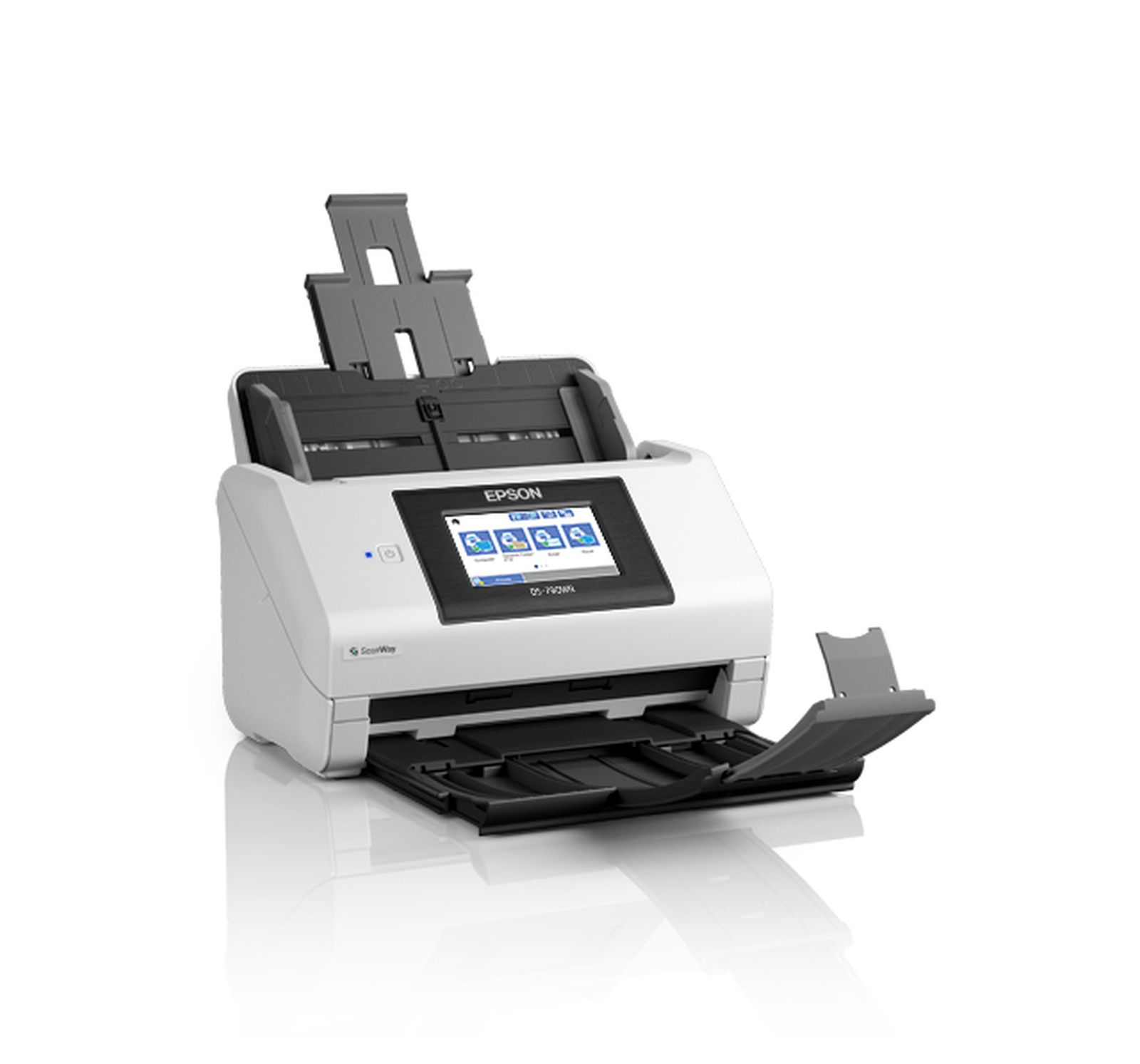 Een Epson DS-790WN scanner. Wit en grijs, met een open lade en documentinvoer. Het scherm toont pictogrammen.