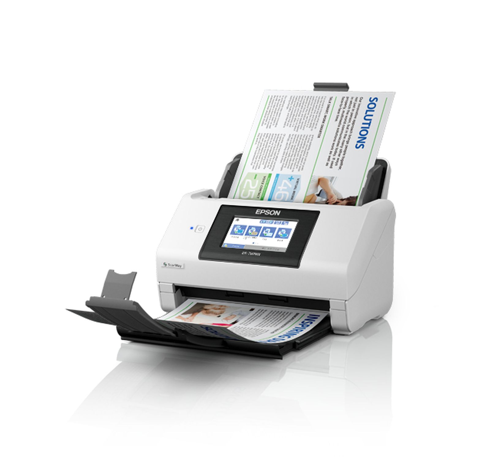 Een witte Epson-scanner scant een document. De scanner heeft een touchscreen en twee laden. Papier gaat erin en eruit.