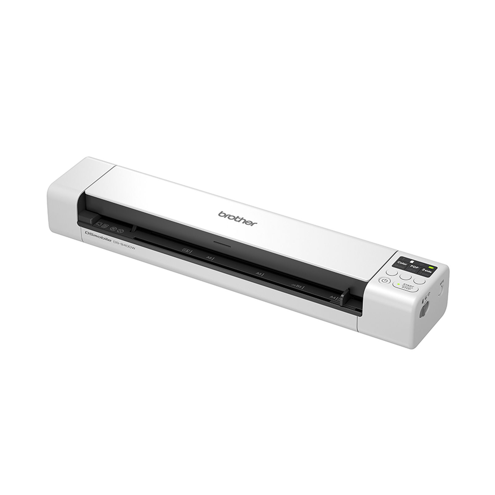 Ein weißer Brother DS-940DW Scanner. Er hat einen schwarzen Eingabeschlitz und Bedienelemente.