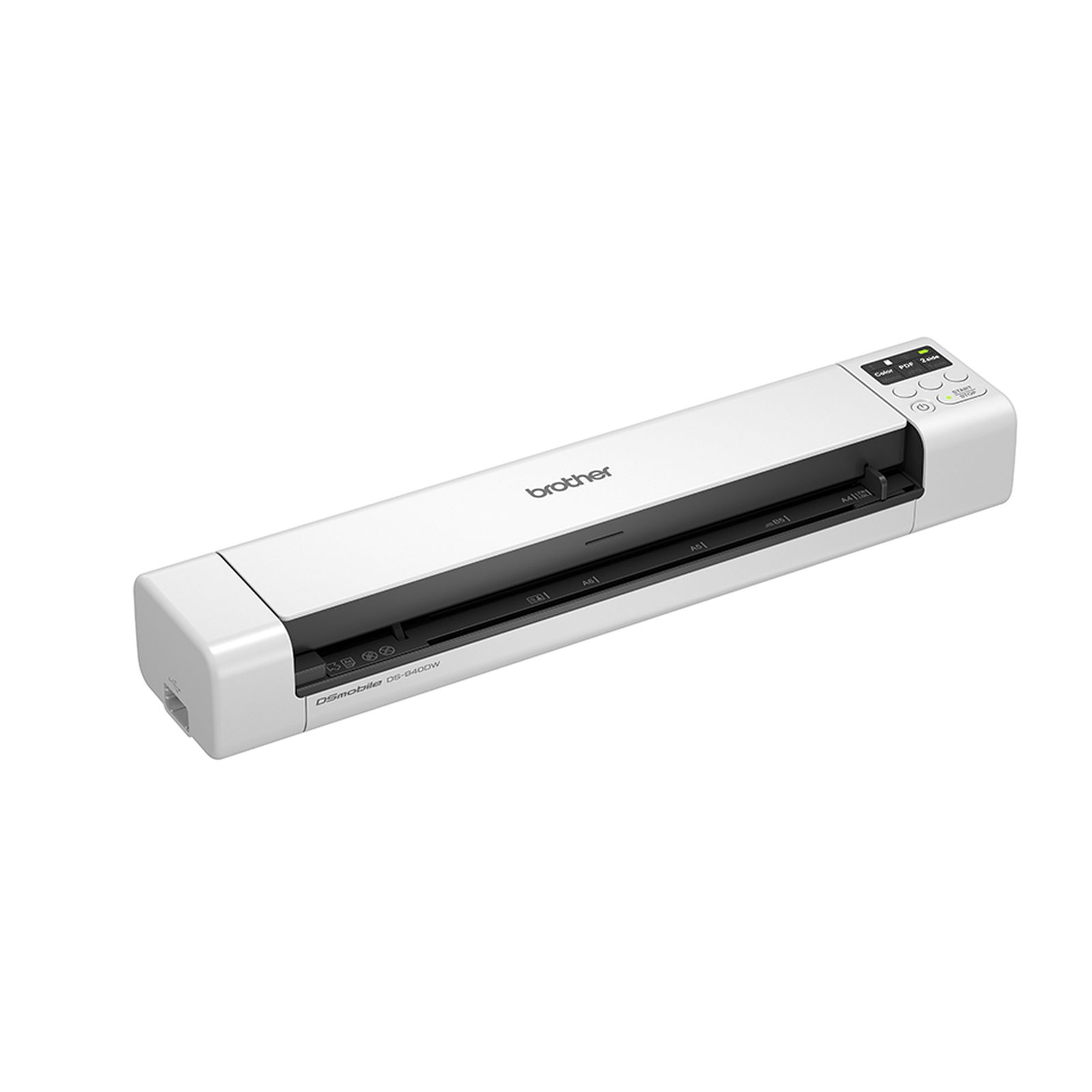 Ein weißer Brother DS-940DW-Scanner. Er ist rechteckig mit Tasten oben. Das Brother-Logo ist sichtbar.