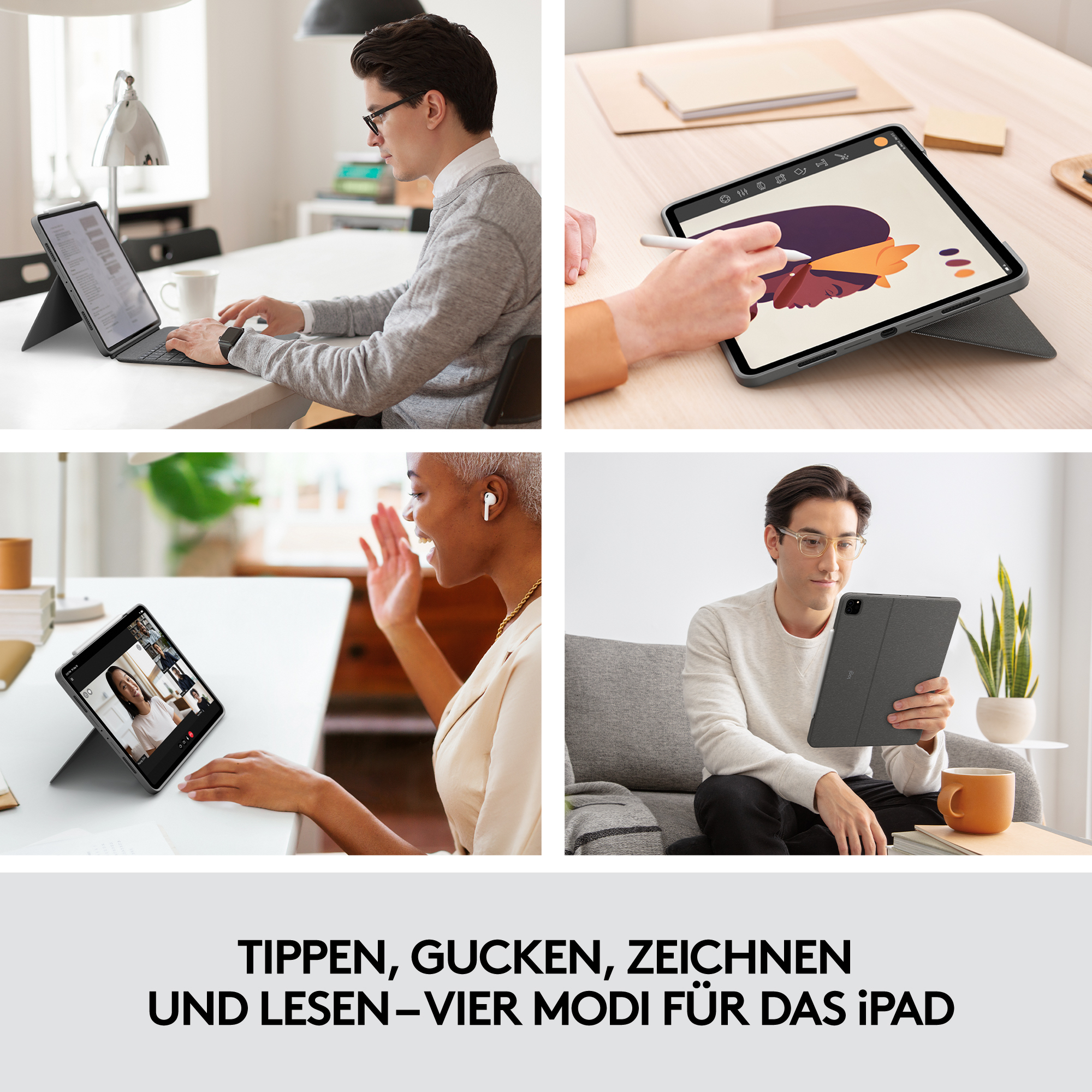 Cuatro imágenes muestran a personas usando un iPad en diferentes modos: escribir, dibujar, videollamada y leer.