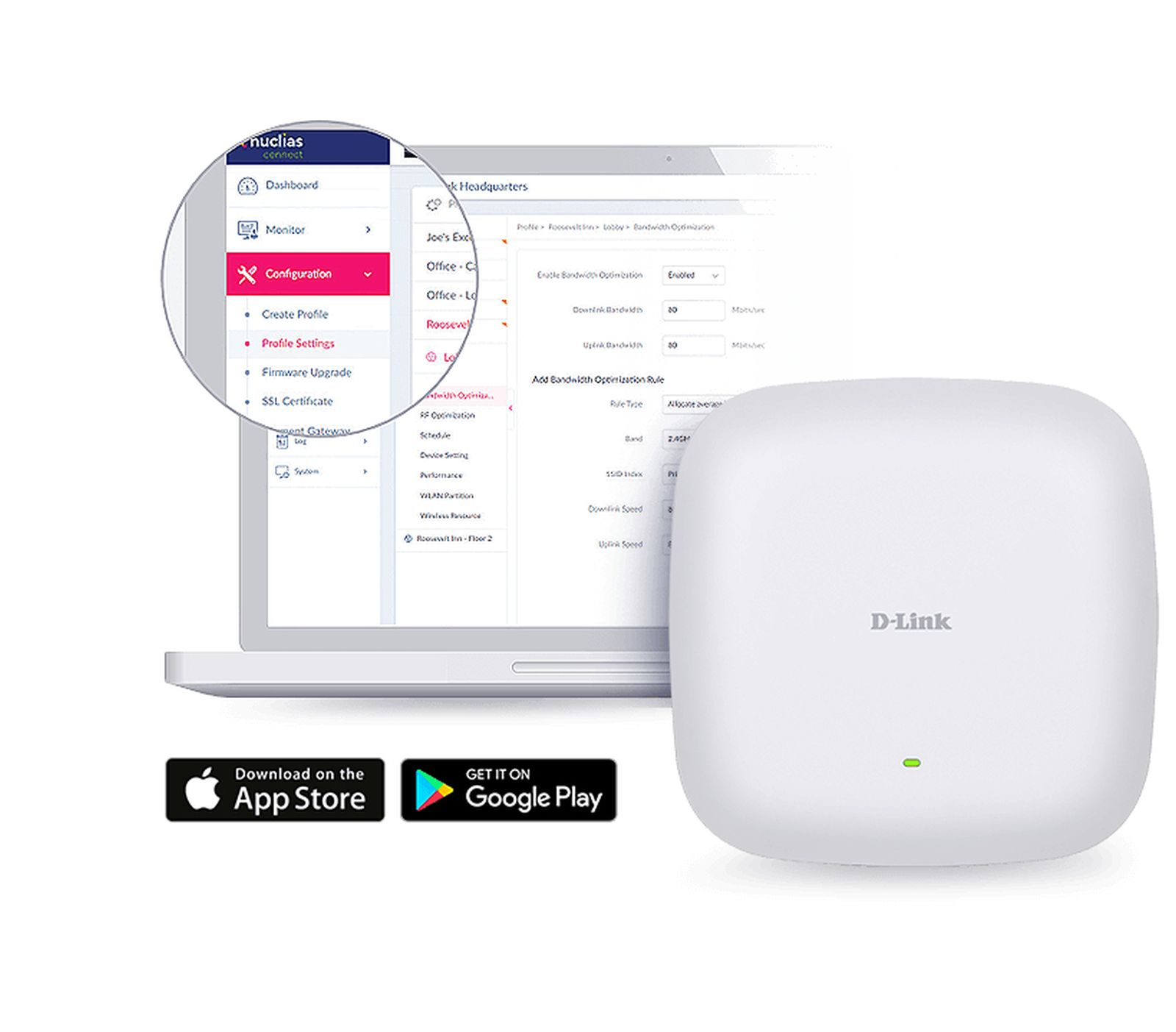 Biały router D-Link z laptopem wyświetlającym interfejs konfiguracji sieci. Ikony App Store i Google Play.