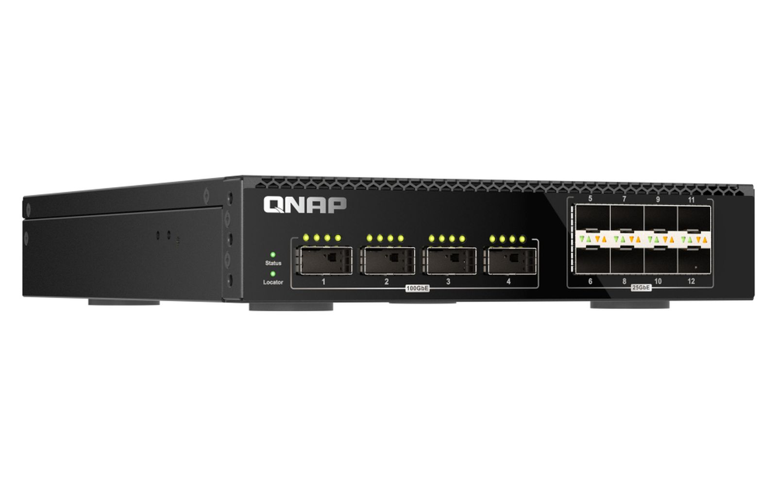 Uno switch di rete QNAP nero. Ha più porte con etichetta 1-12 e spie luminose. La parte anteriore presenta il logo dell'azienda.