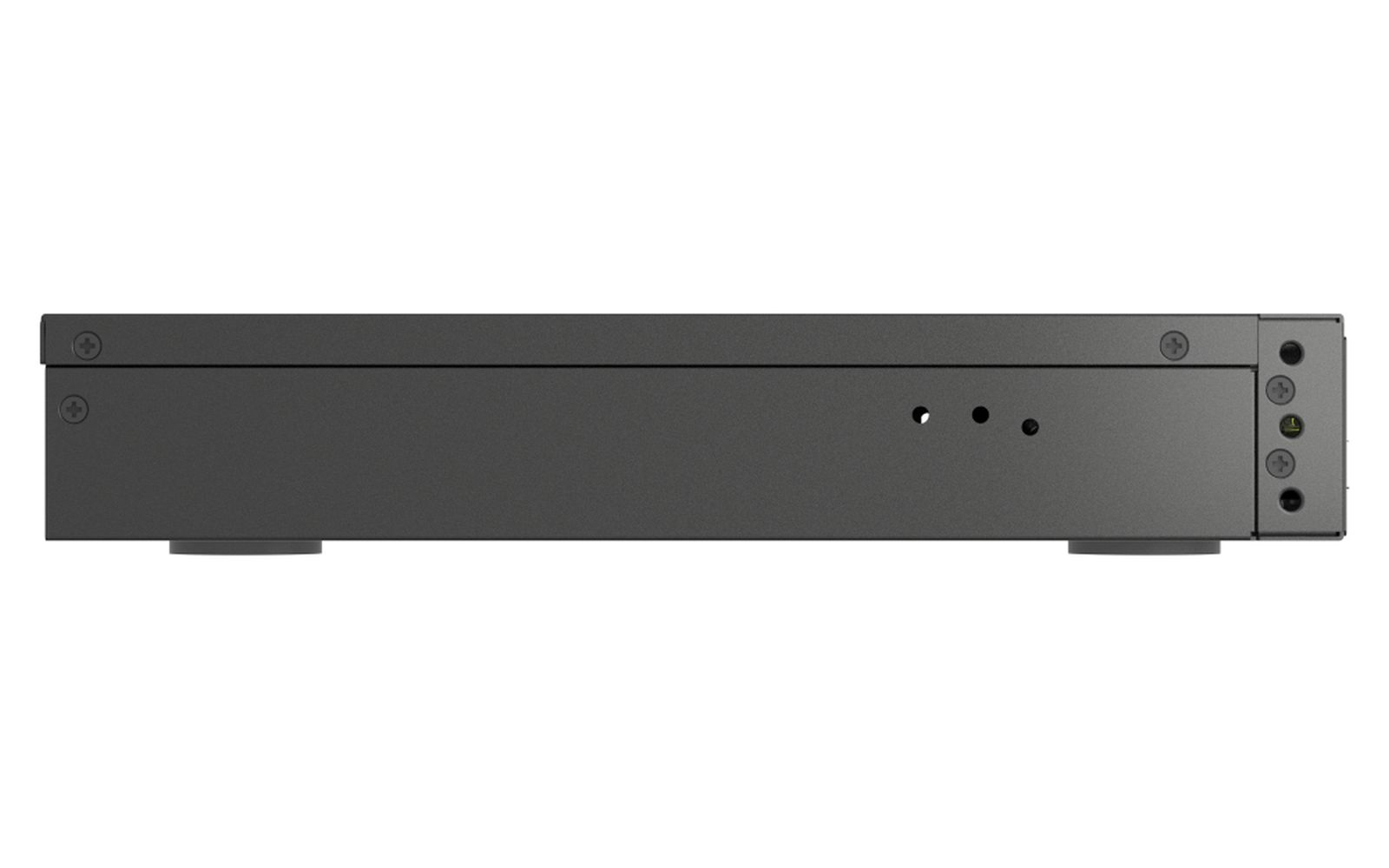 Un dispositivo elettronico grigio scuro, forse uno switch di rete, con diverse porte e pulsanti. Ha un design minimalista.