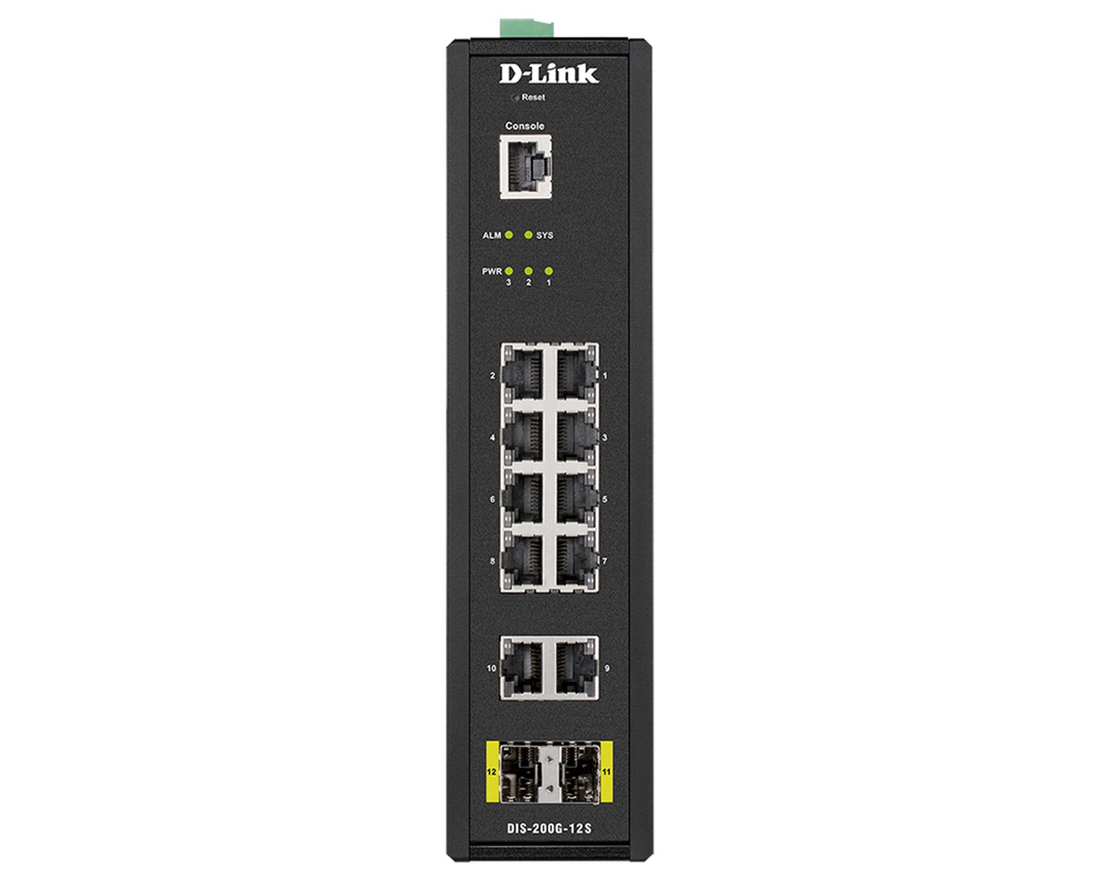 Een zwarte D-Link netwerkswitch met meerdere poorten en indicatielampjes. Het model is DIS-200G-12S.