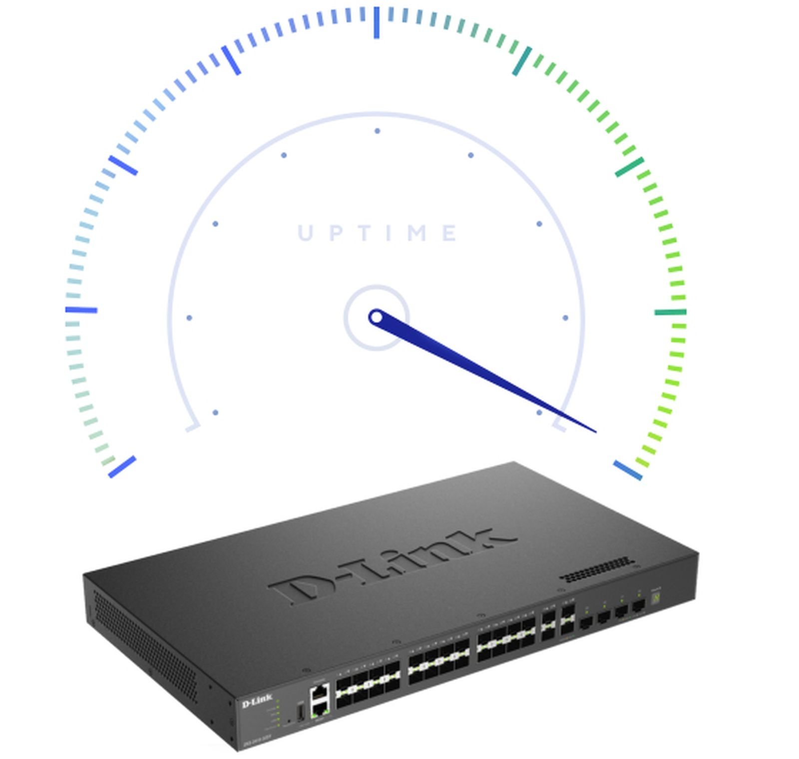 Przełącznik D-Link ze wskaźnikiem czasu pracy. Wskaźnik pokazuje igłę skierowaną w prawo. Przełącznik jest czarny.