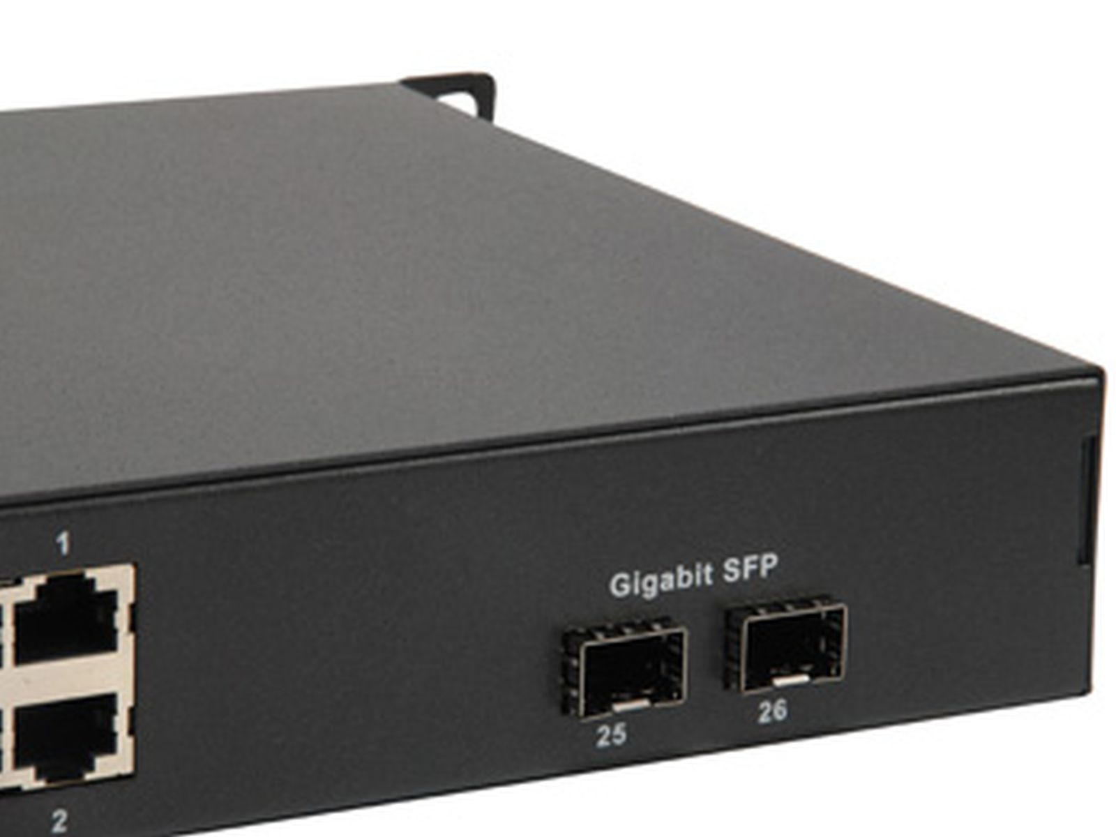 Dispositivo di rete nero con porte etichettate 1, 2, 25 e 26. Il testo recita 'Gigabit SFP'.