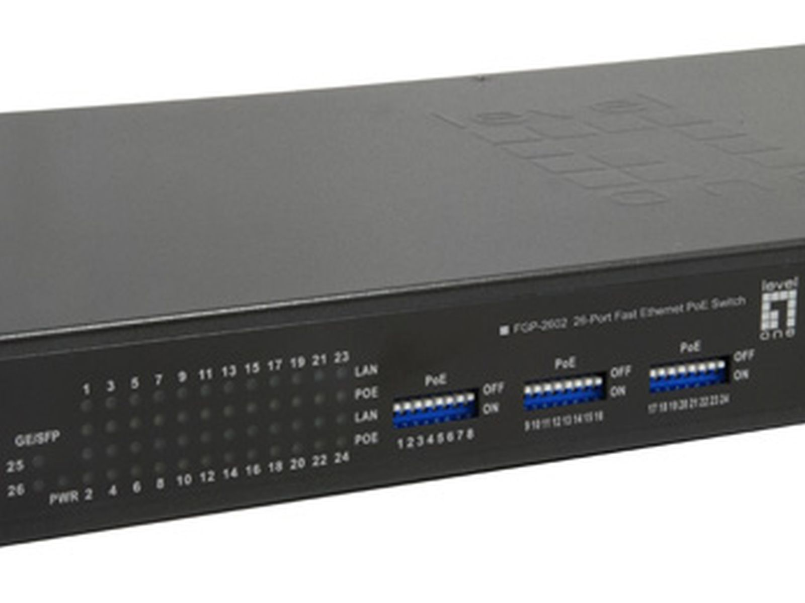 Uno switch di rete nero con più porte e spie. Le etichette includono PoE, LAN e numeri di porta.