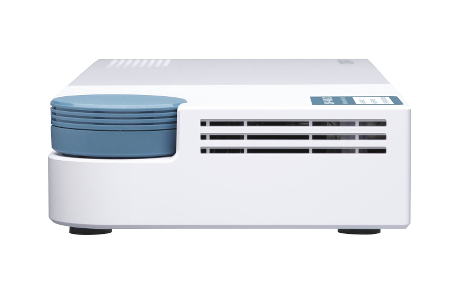 Białe urządzenie z niebieskim, okrągłym wierzchem. Ma otwory wentylacyjne i etykietę. Stoi na czarnych nóżkach.